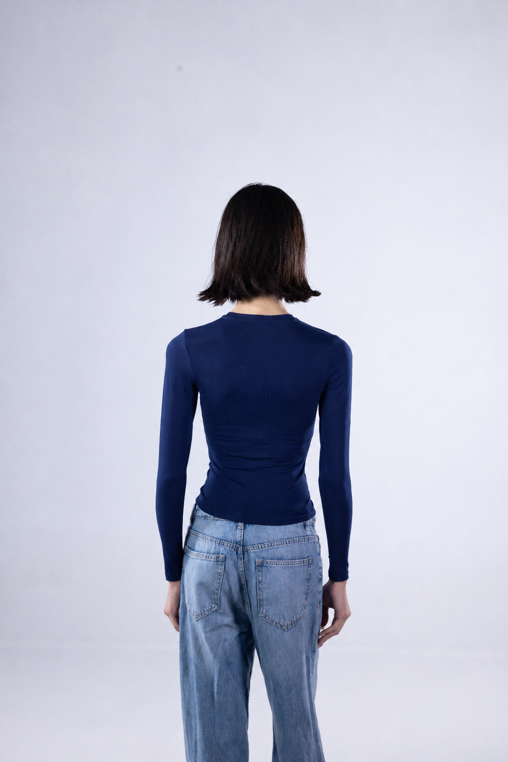 ROUND LONG SLEEVE COTTON TOP - NAVY BLUE