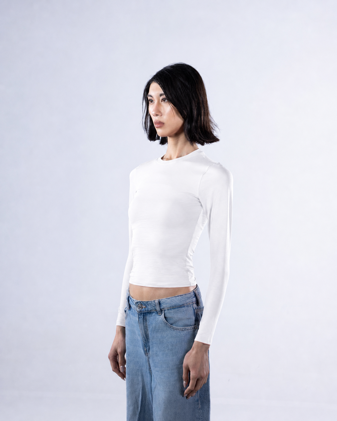 ROUND LONG SLEEVE COTTON TOP - WHITE