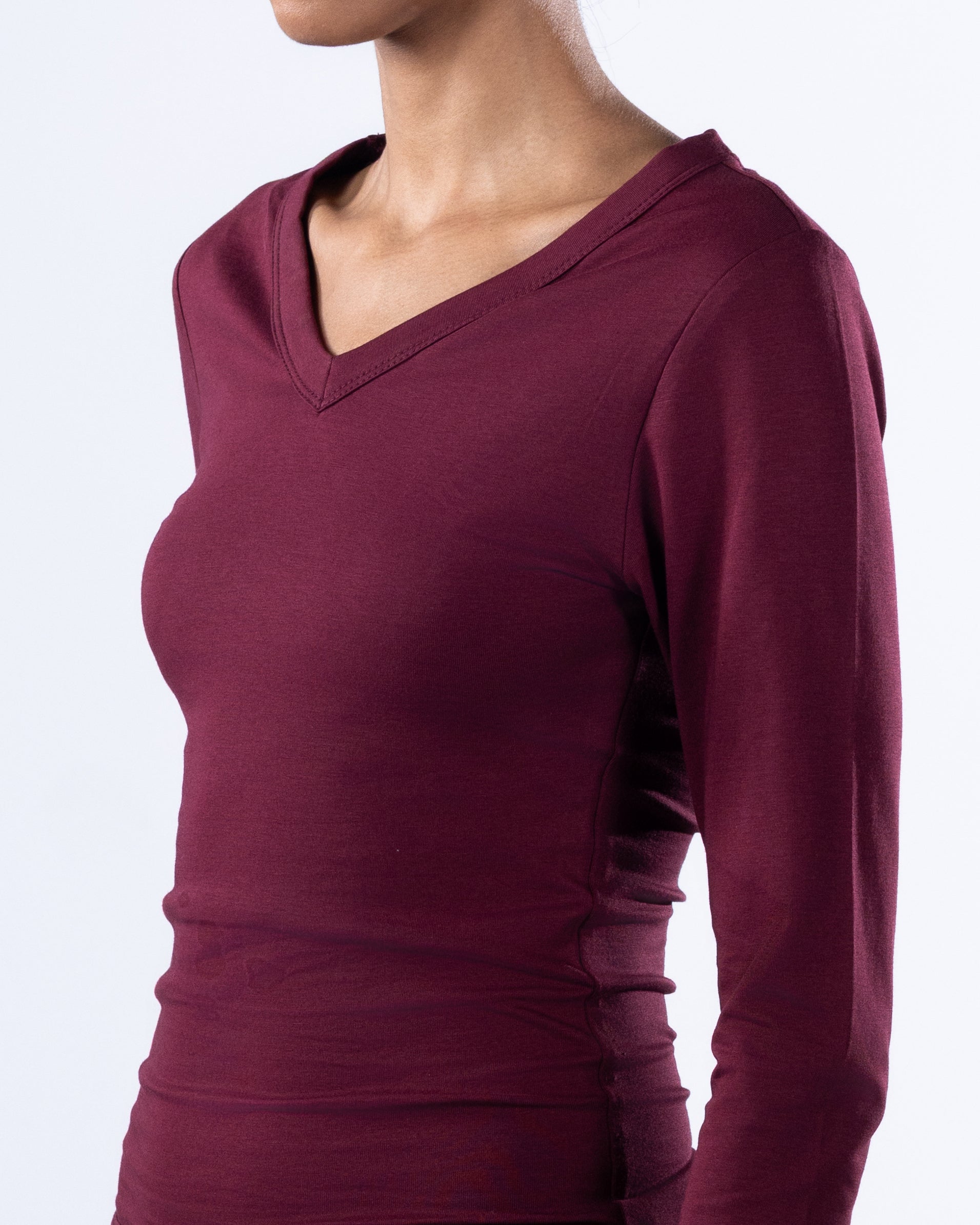 V-NECK LONG SLEEVE COTTON TOP - BURGUNDY