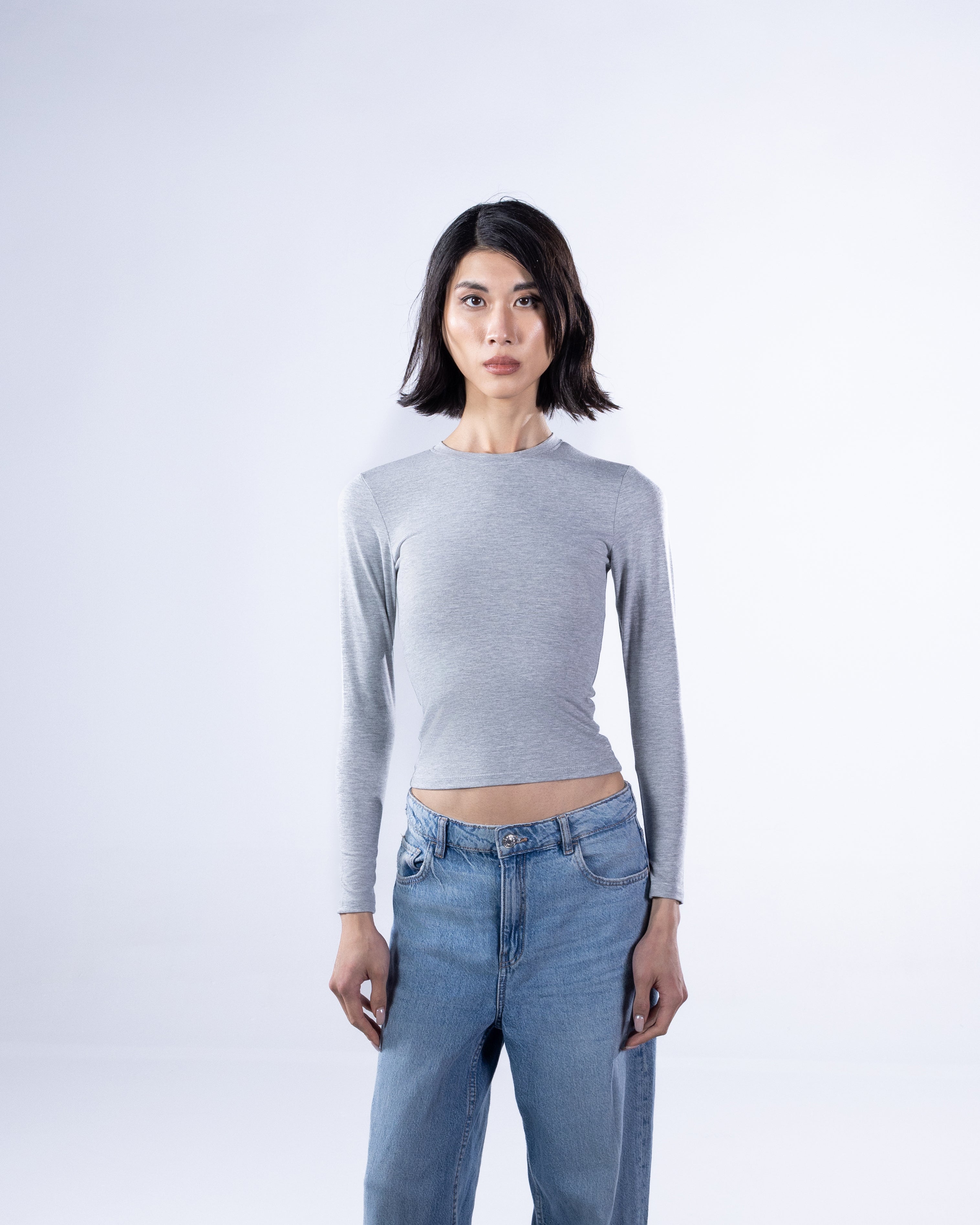 ROUND LONG SLEEVE COTTON TOP - LIGHT GREY