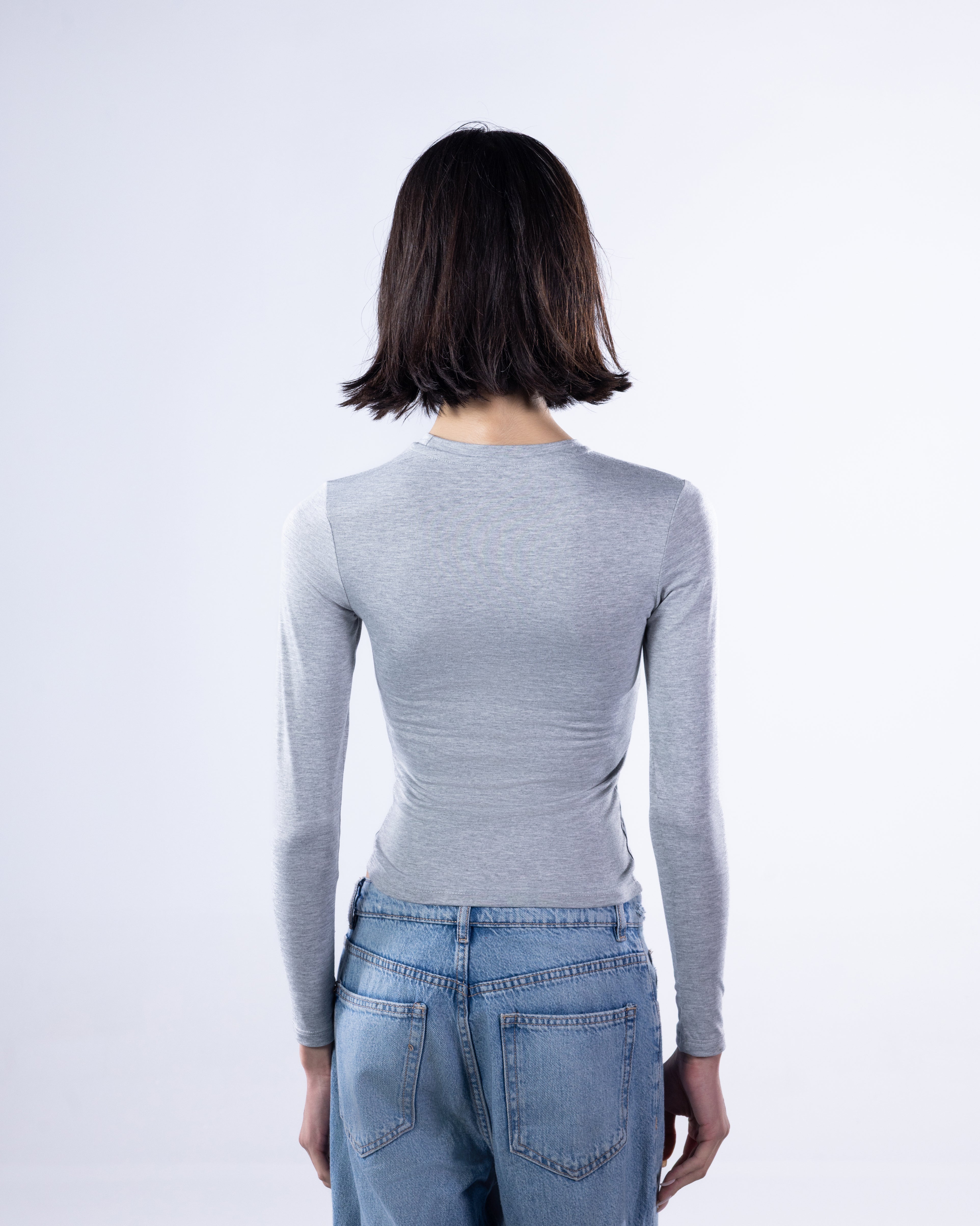 ROUND LONG SLEEVE COTTON TOP - LIGHT GREY