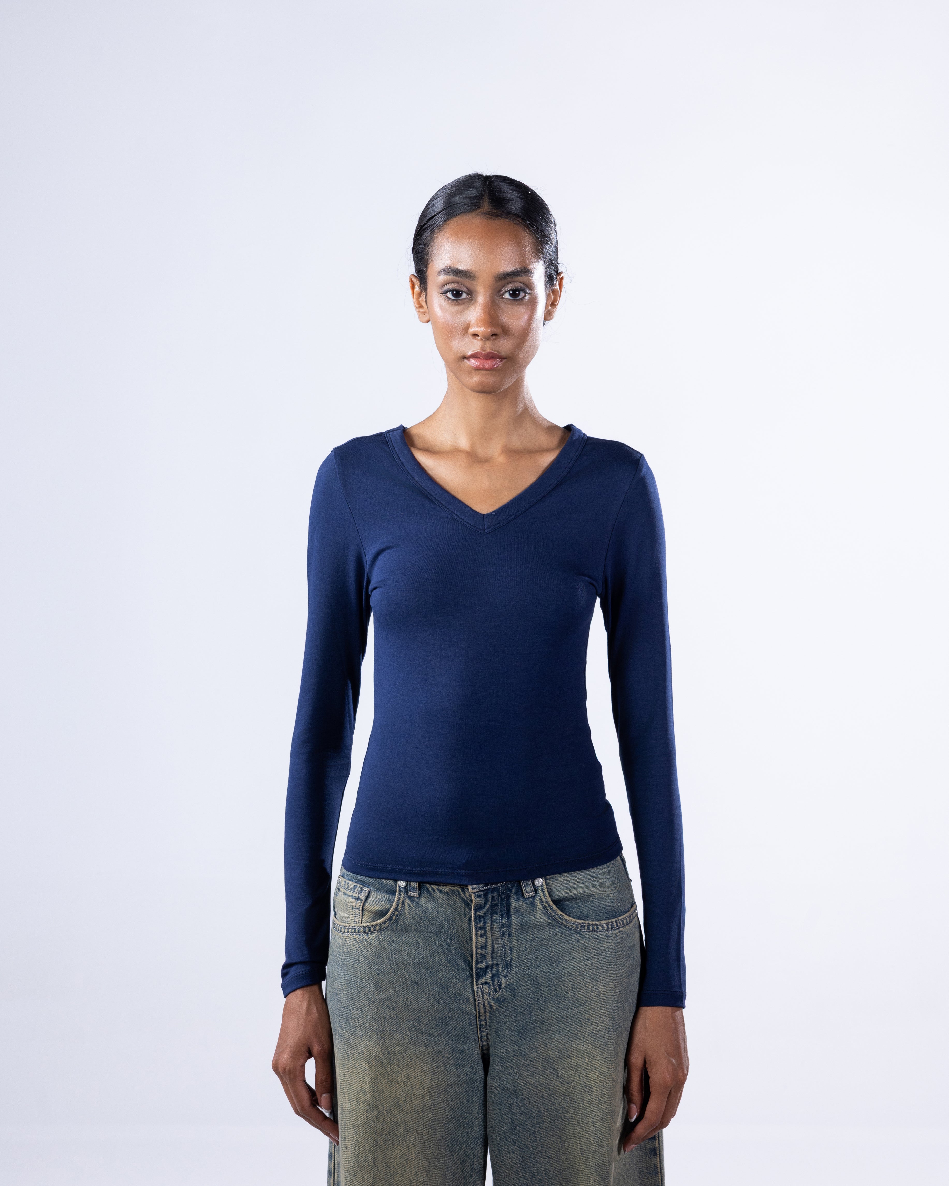 V-NECK LONG SLEEVE COTTON TOP - NAVY BLUE