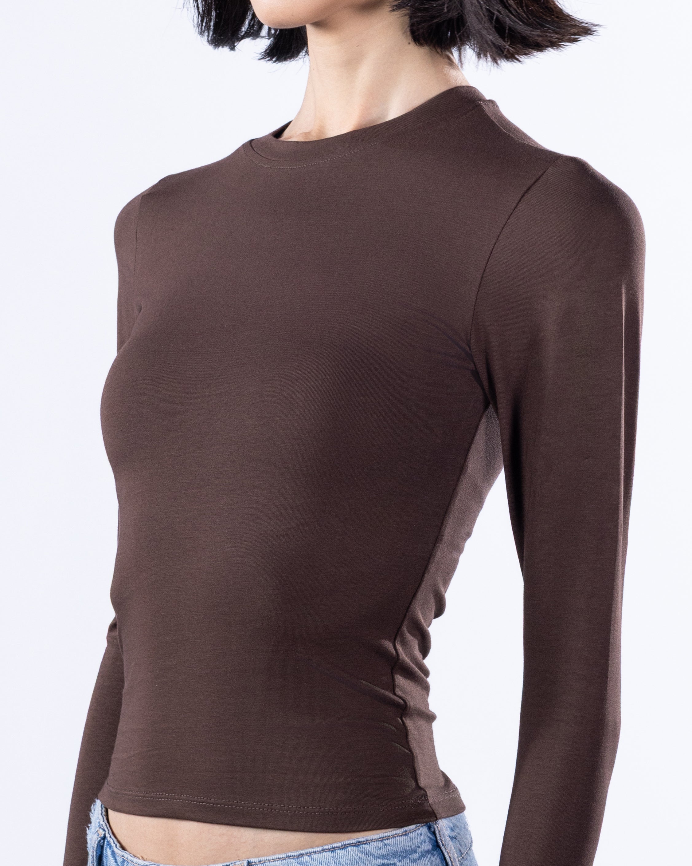 ROUND LONG SLEEVE COTTON TOP - BROWN