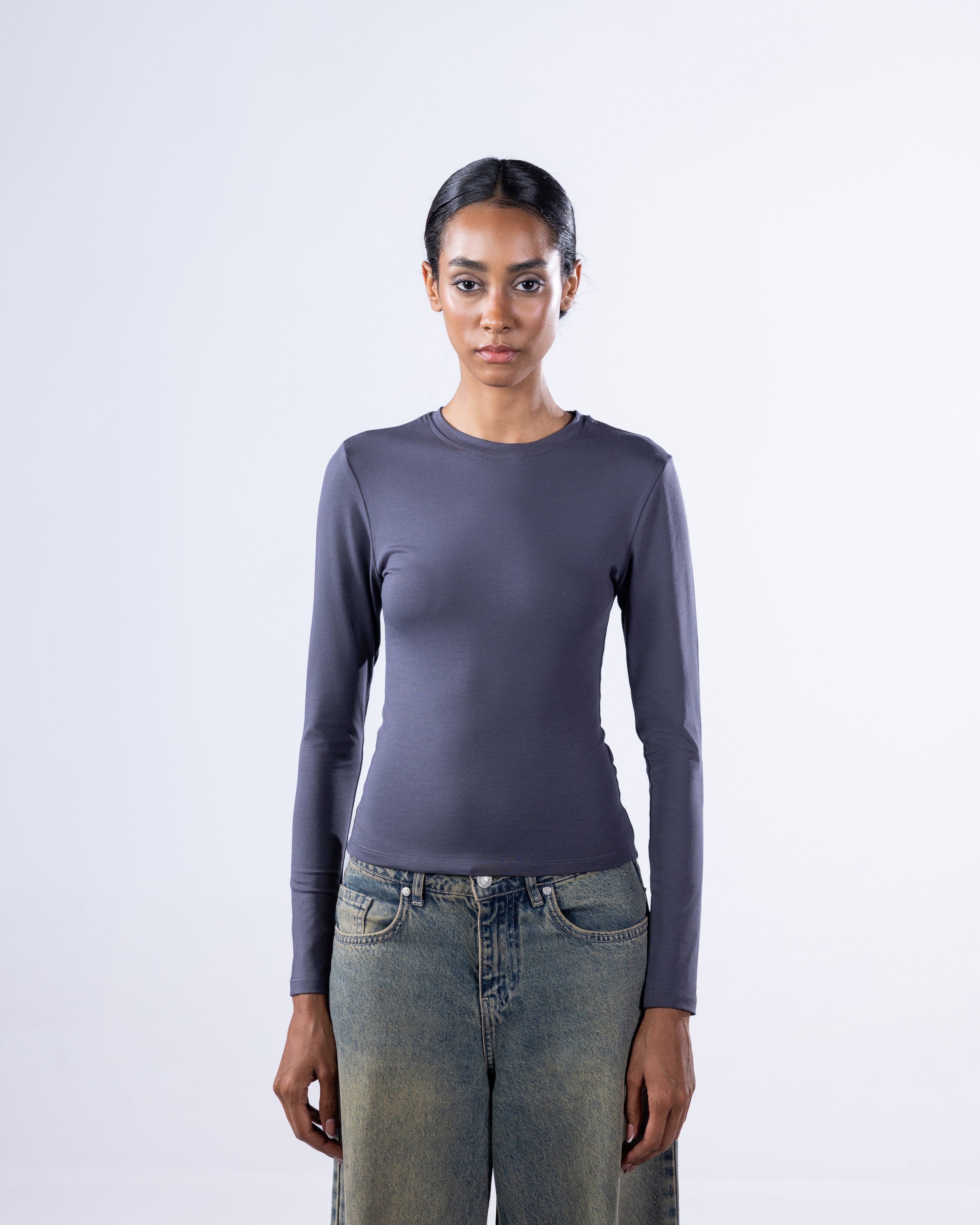 ROUND LONG SLEEVE COTTON TOP - GREY