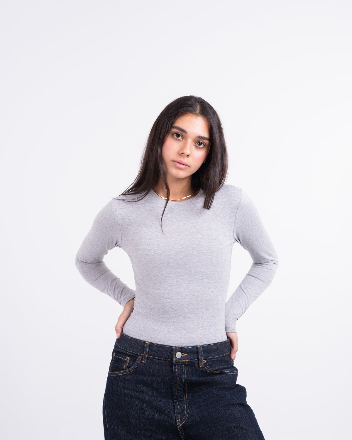 ROUND LONG SLEEVE COTTON TOP - LIGHT GREY