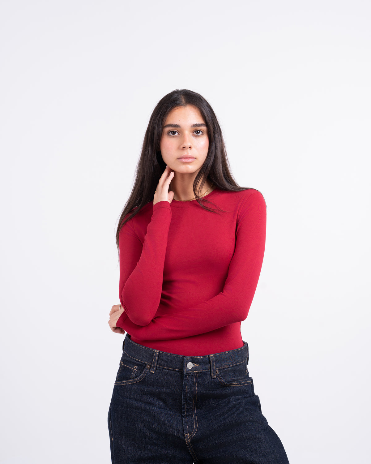 ROUND LONG SLEEVE COTTON TOP - DARK RED