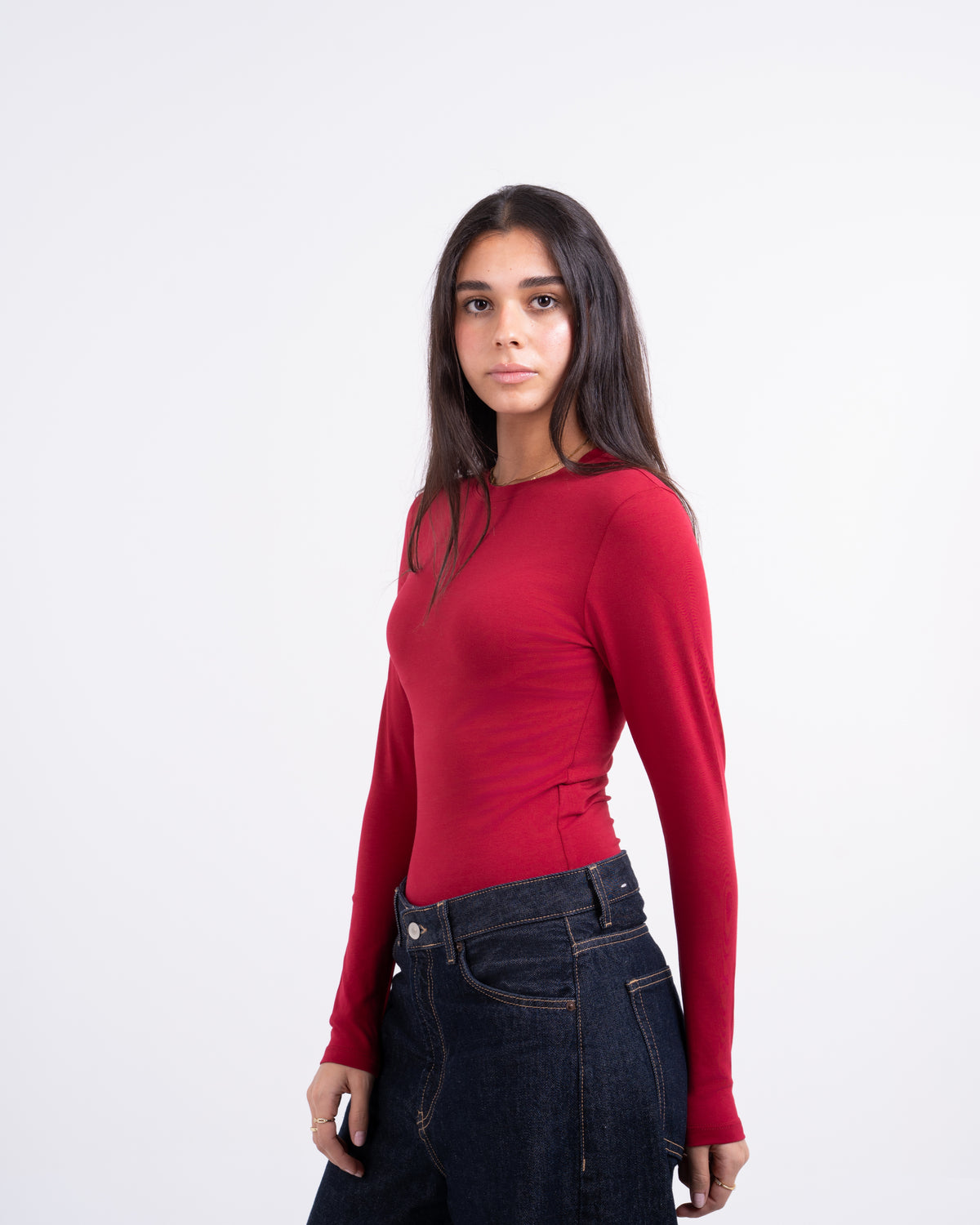 ROUND LONG SLEEVE COTTON TOP - DARK RED