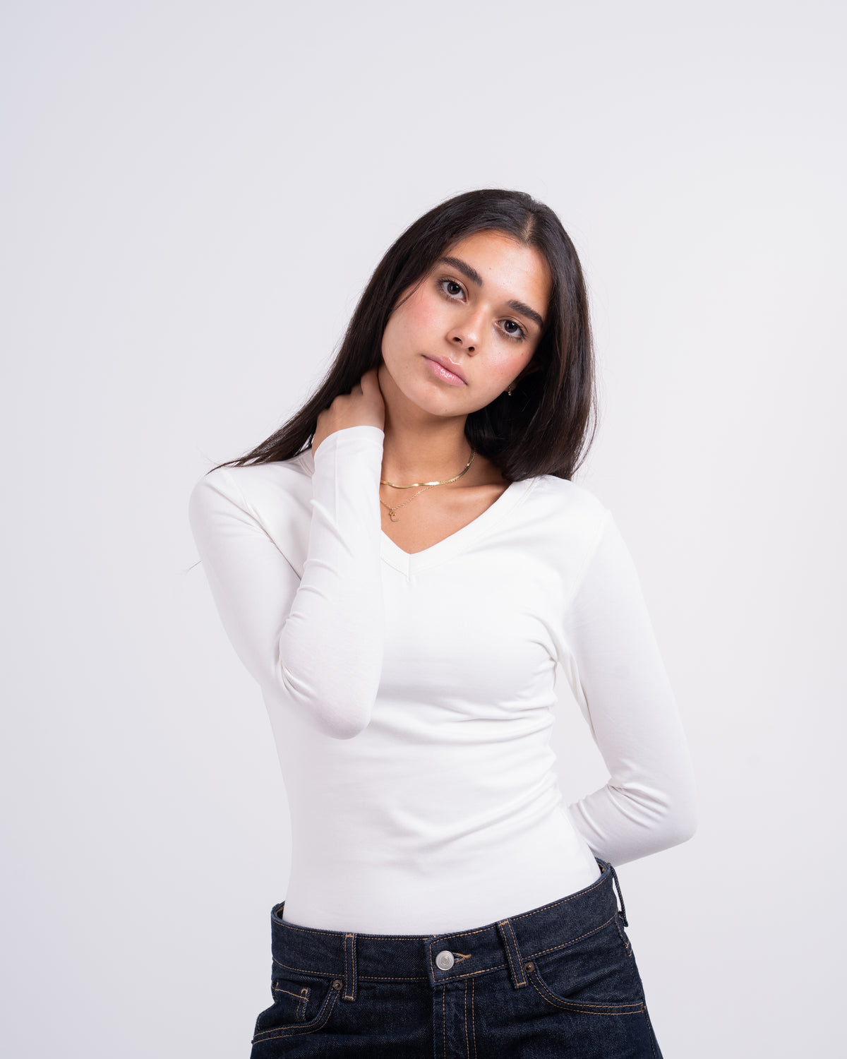 V-NECK LONG SLEEVE COTTON TOP - WHITE