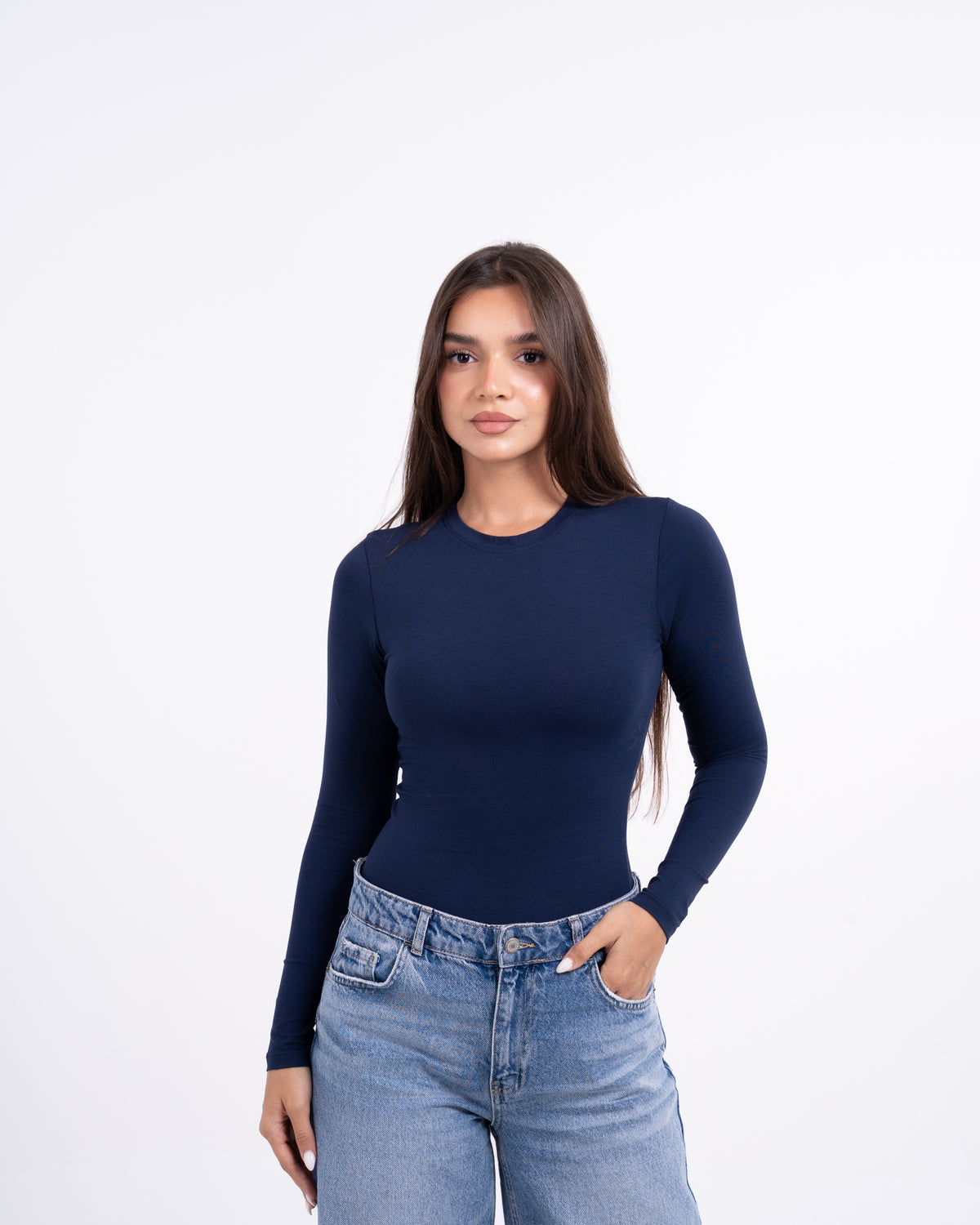 ROUND LONG SLEEVE COTTON TOP - NAVY BLUE