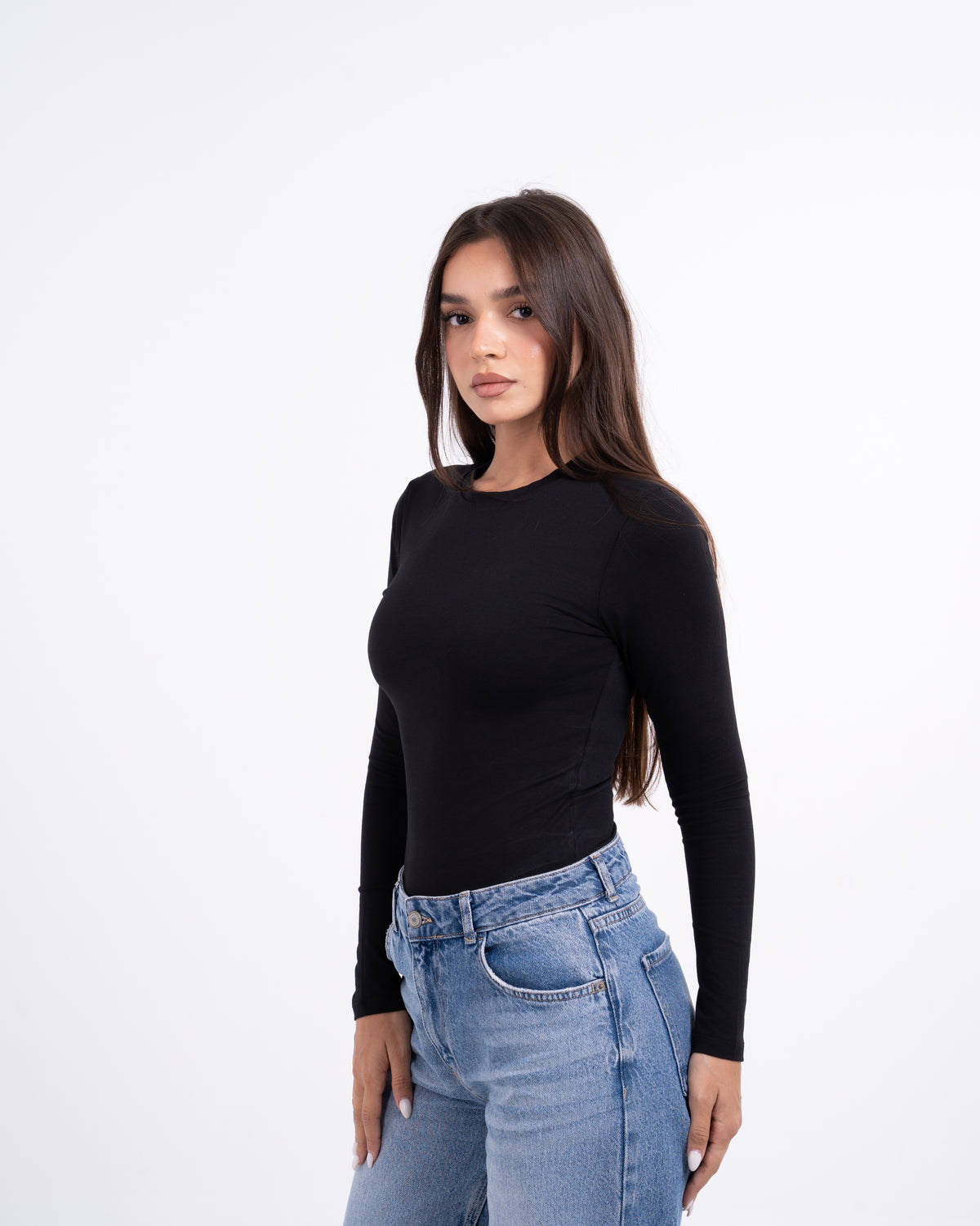 ROUND LONG SLEEVE COTTON TOP - BLACK