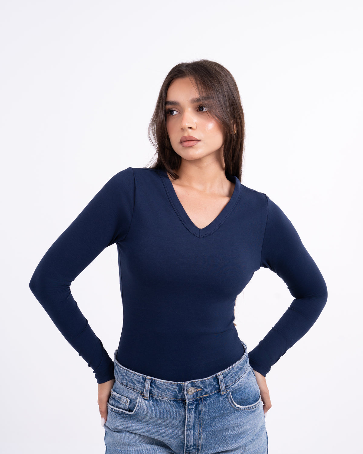V-NECK LONG SLEEVE COTTON TOP - NAVY BLUE