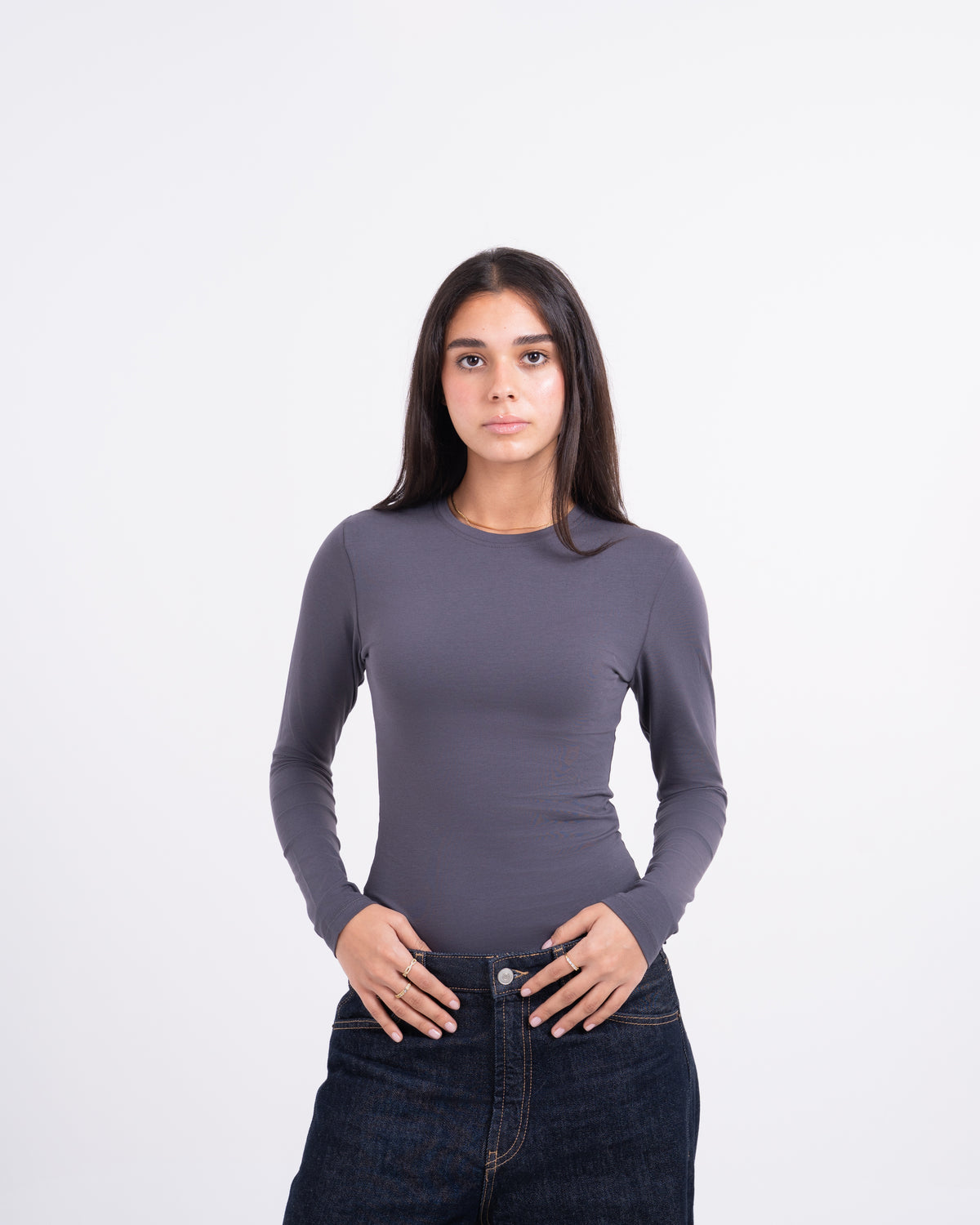 ROUND LONG SLEEVE COTTON TOP - GREY
