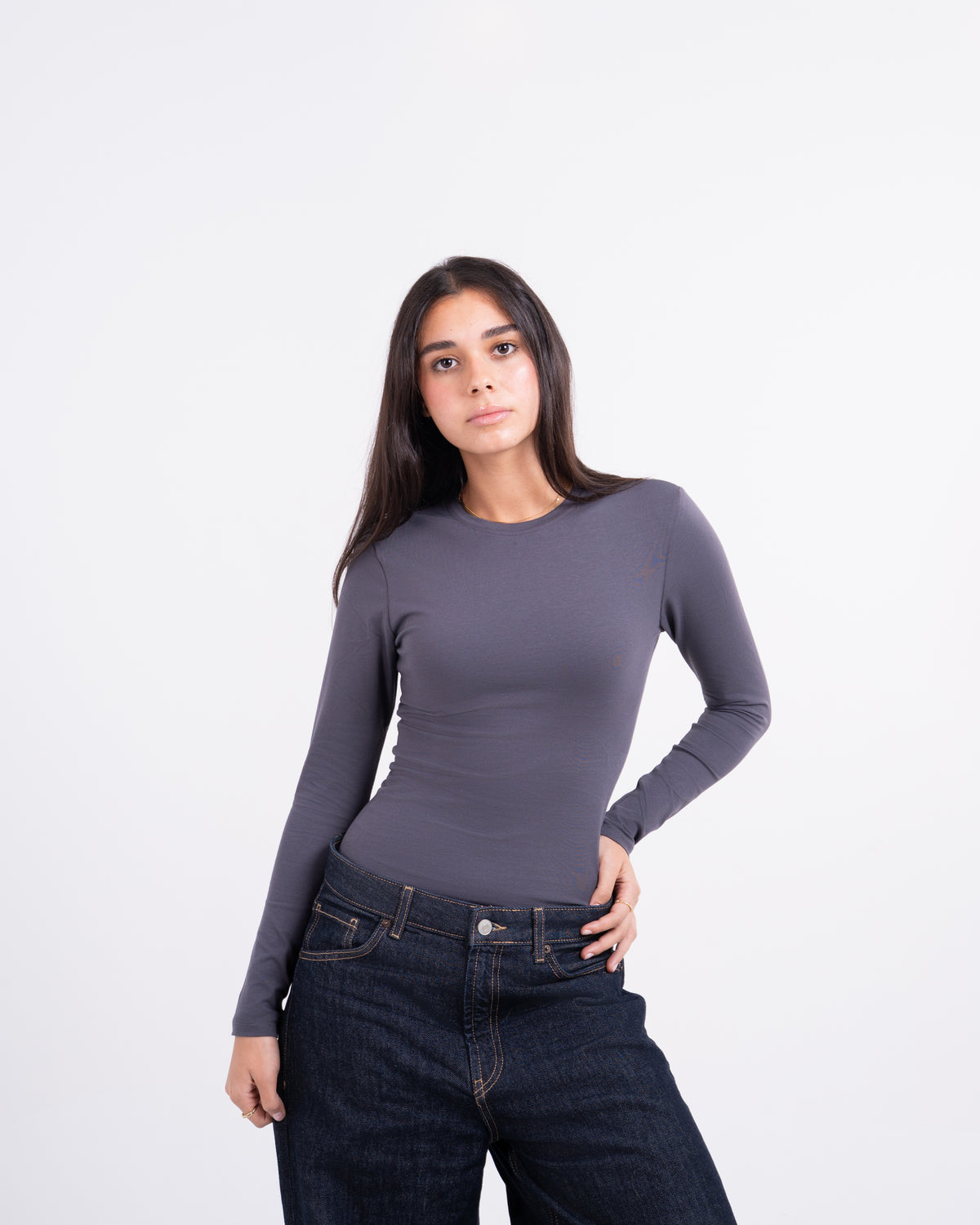 ROUND LONG SLEEVE COTTON TOP - GREY