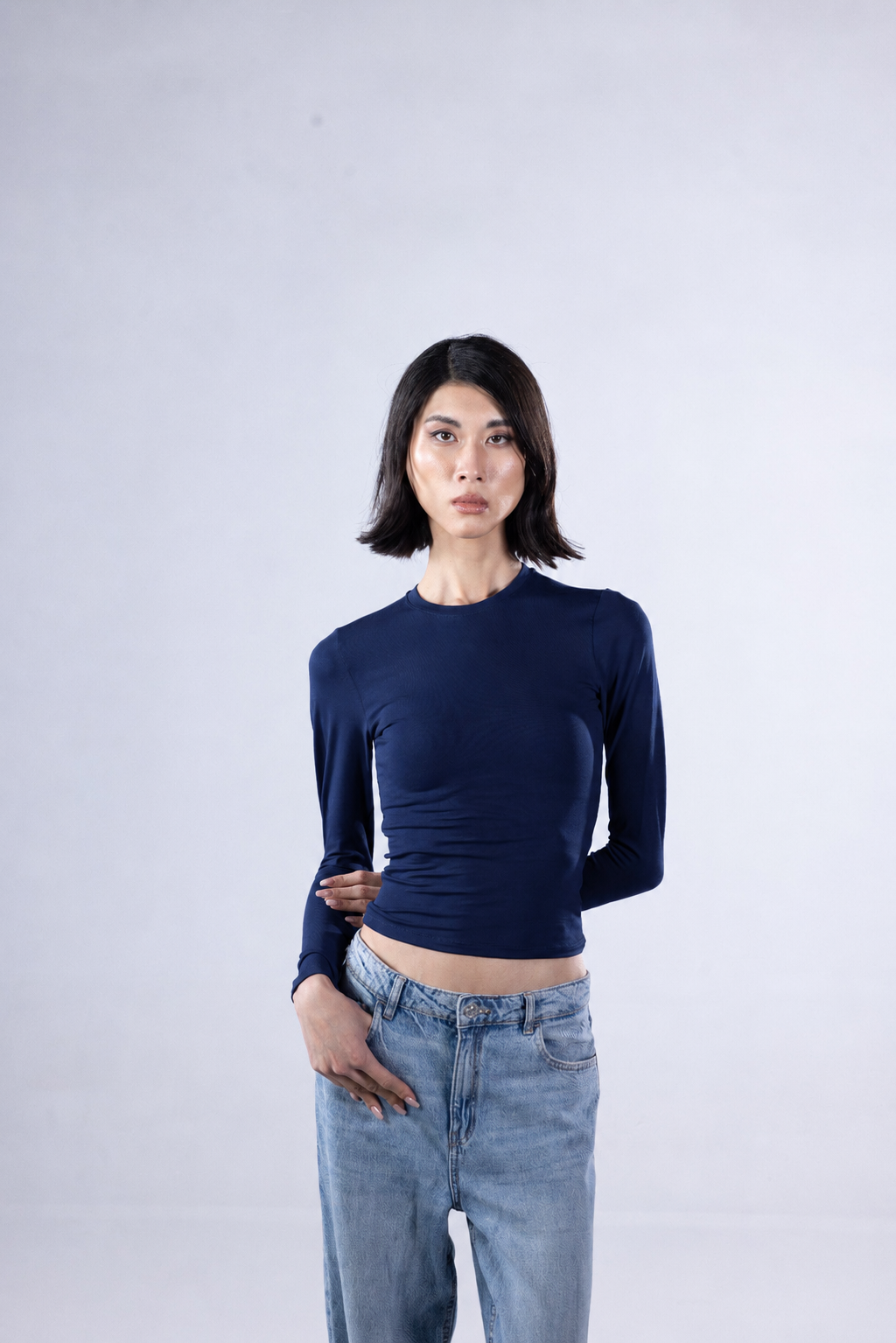 ROUND LONG SLEEVE COTTON TOP - NAVY BLUE