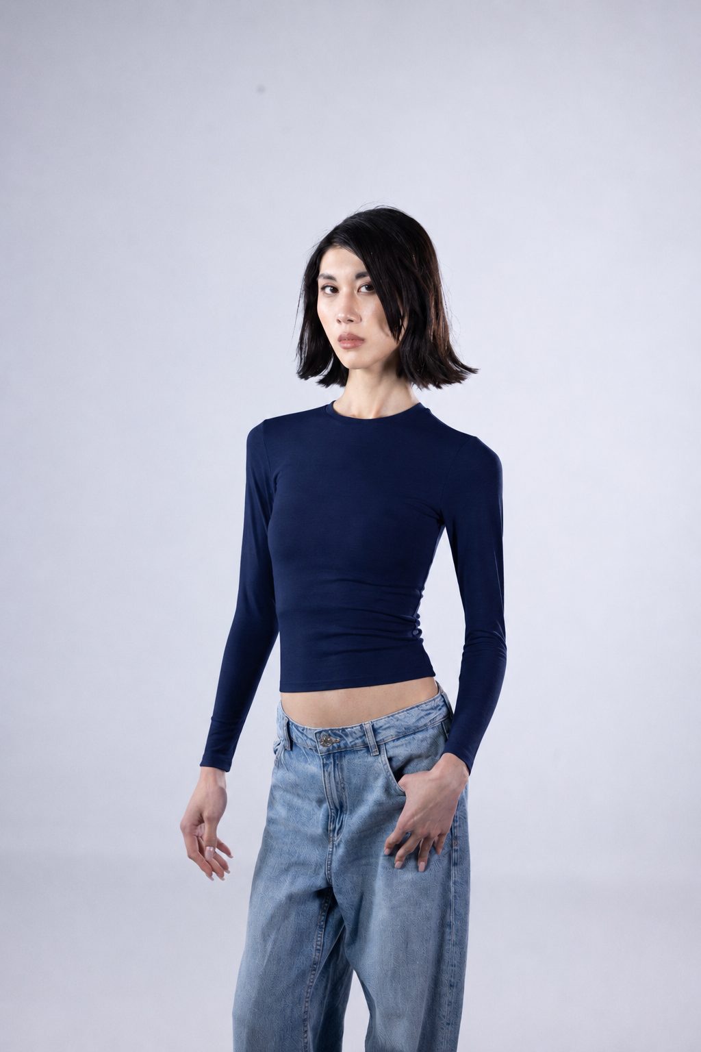 ROUND LONG SLEEVE COTTON TOP - NAVY BLUE