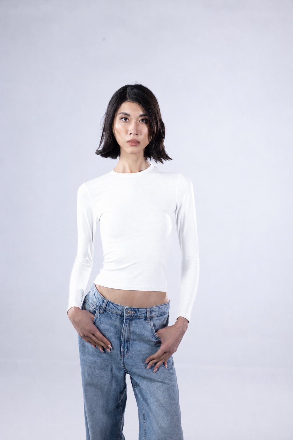 ROUND LONG SLEEVE COTTON TOP - WHITE