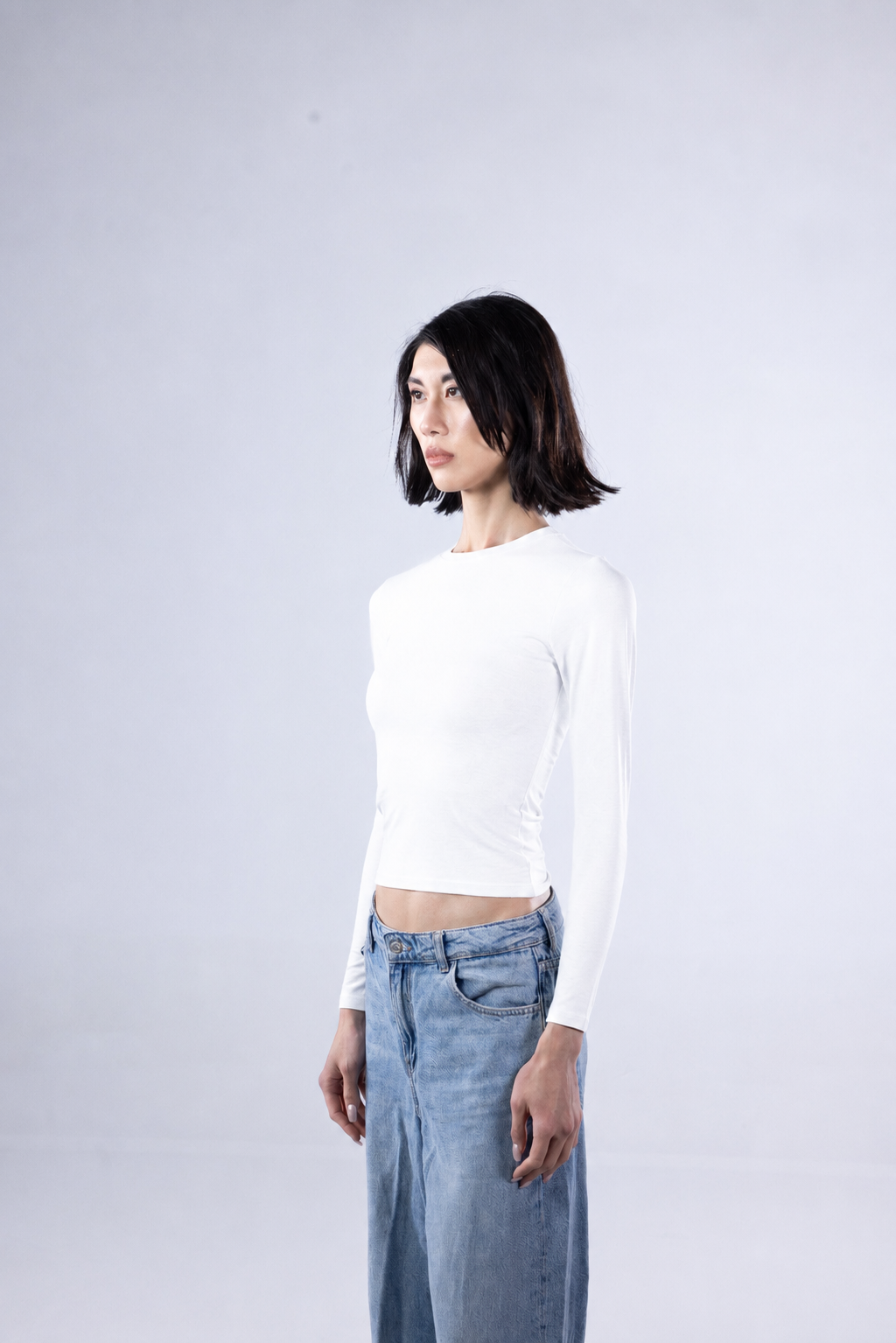 ROUND LONG SLEEVE COTTON TOP - WHITE