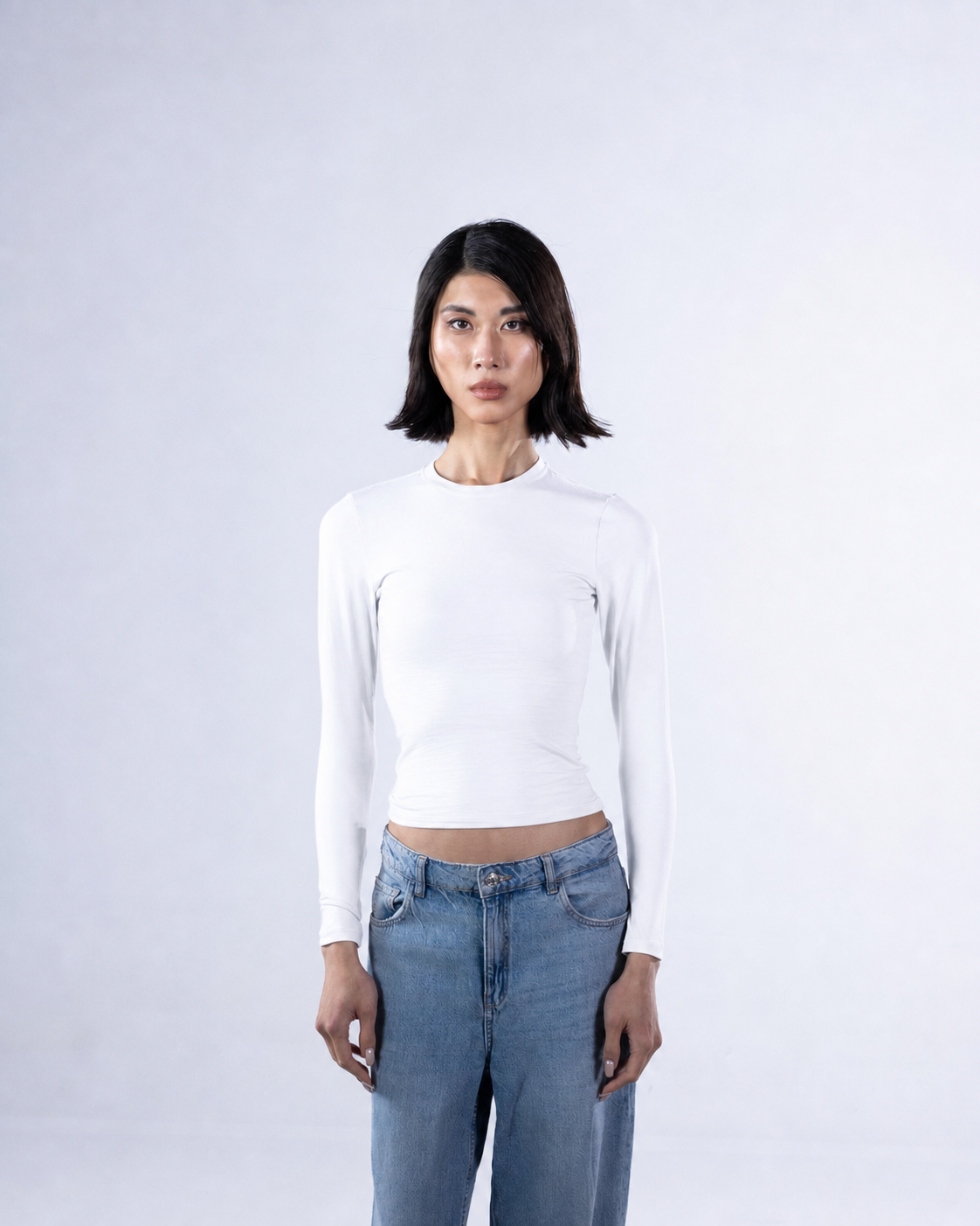 ROUND LONG SLEEVE COTTON TOP - WHITE