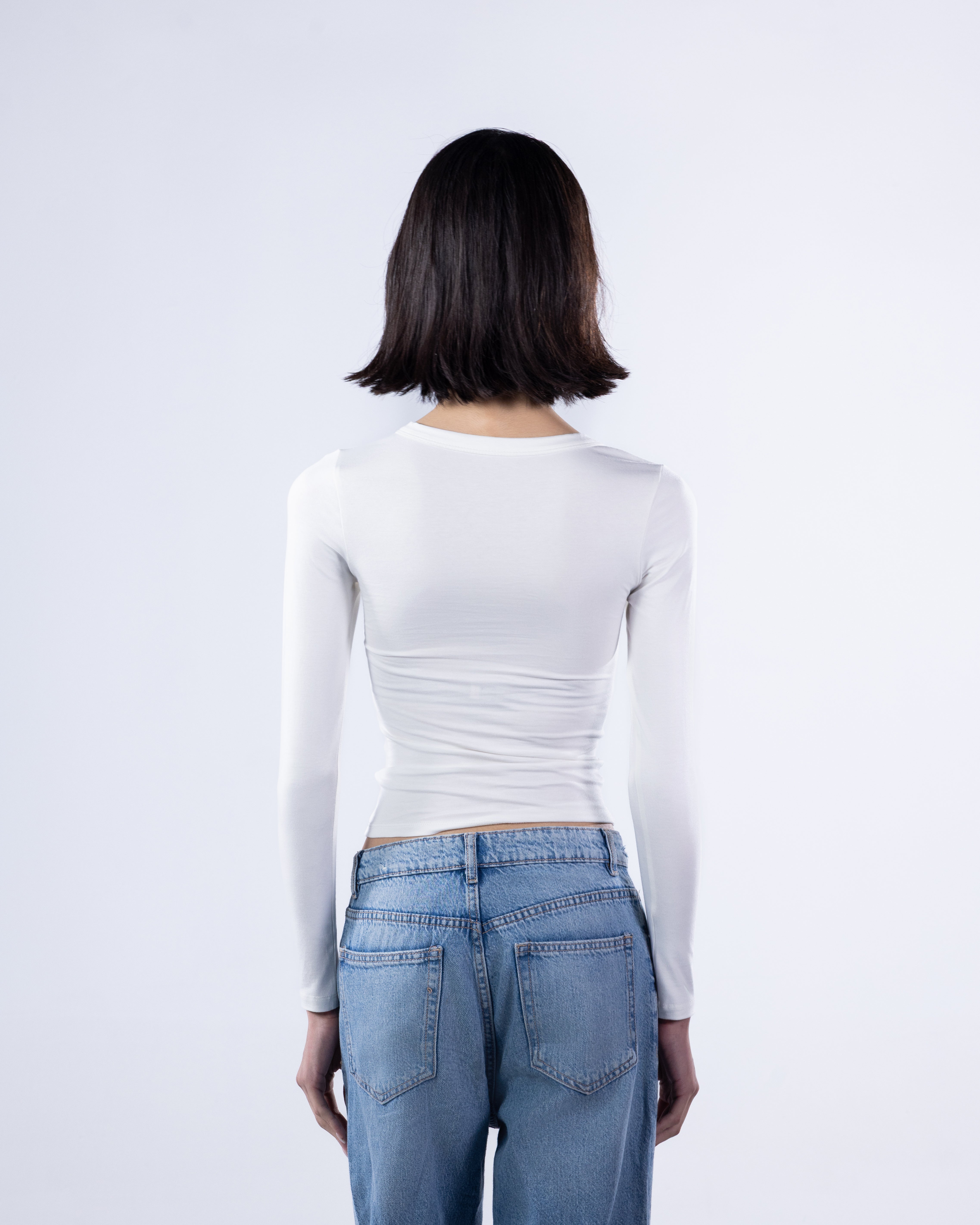 V-NECK LONG SLEEVE COTTON TOP - WHITE