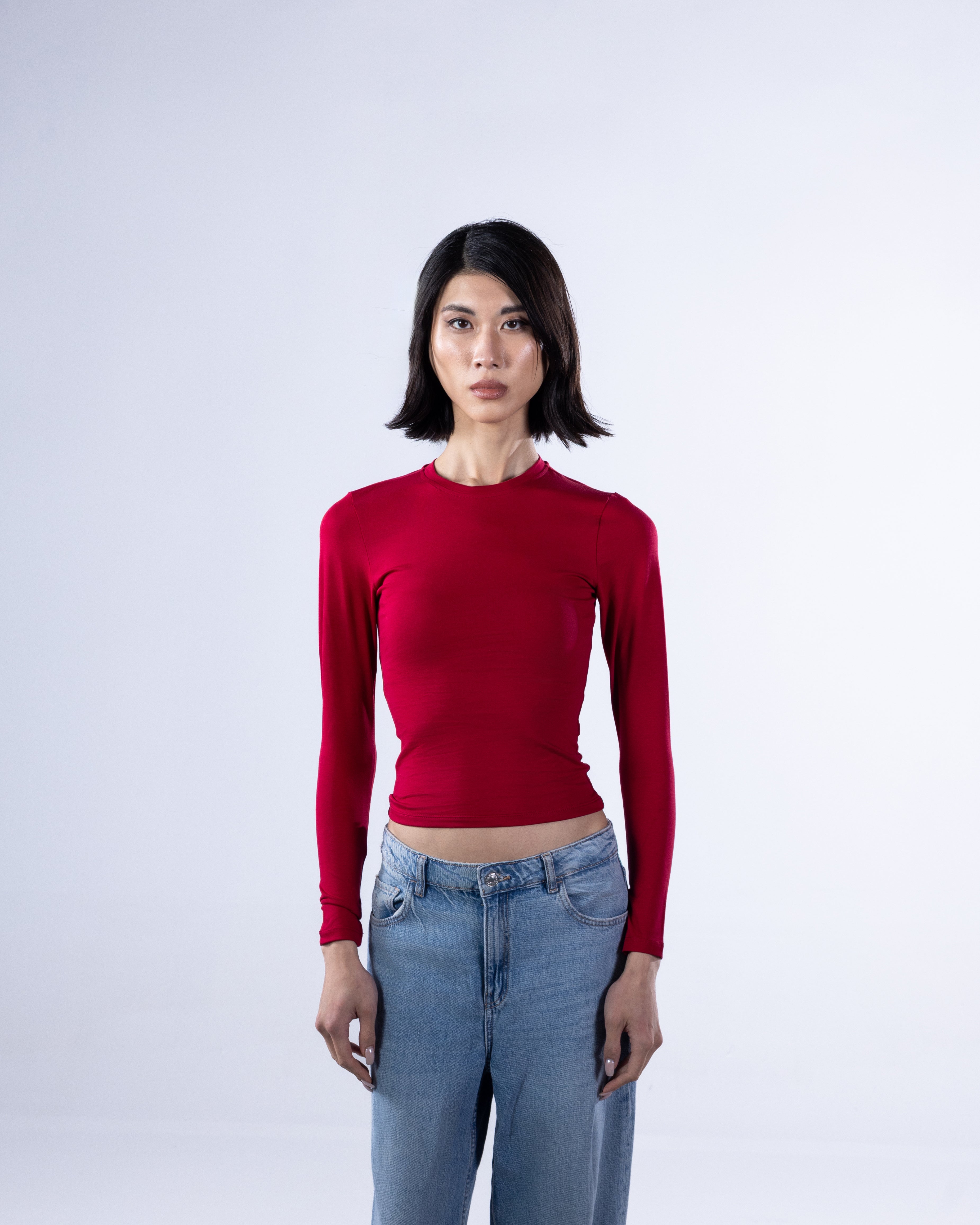 ROUND LONG SLEEVE COTTON TOP - DARK RED