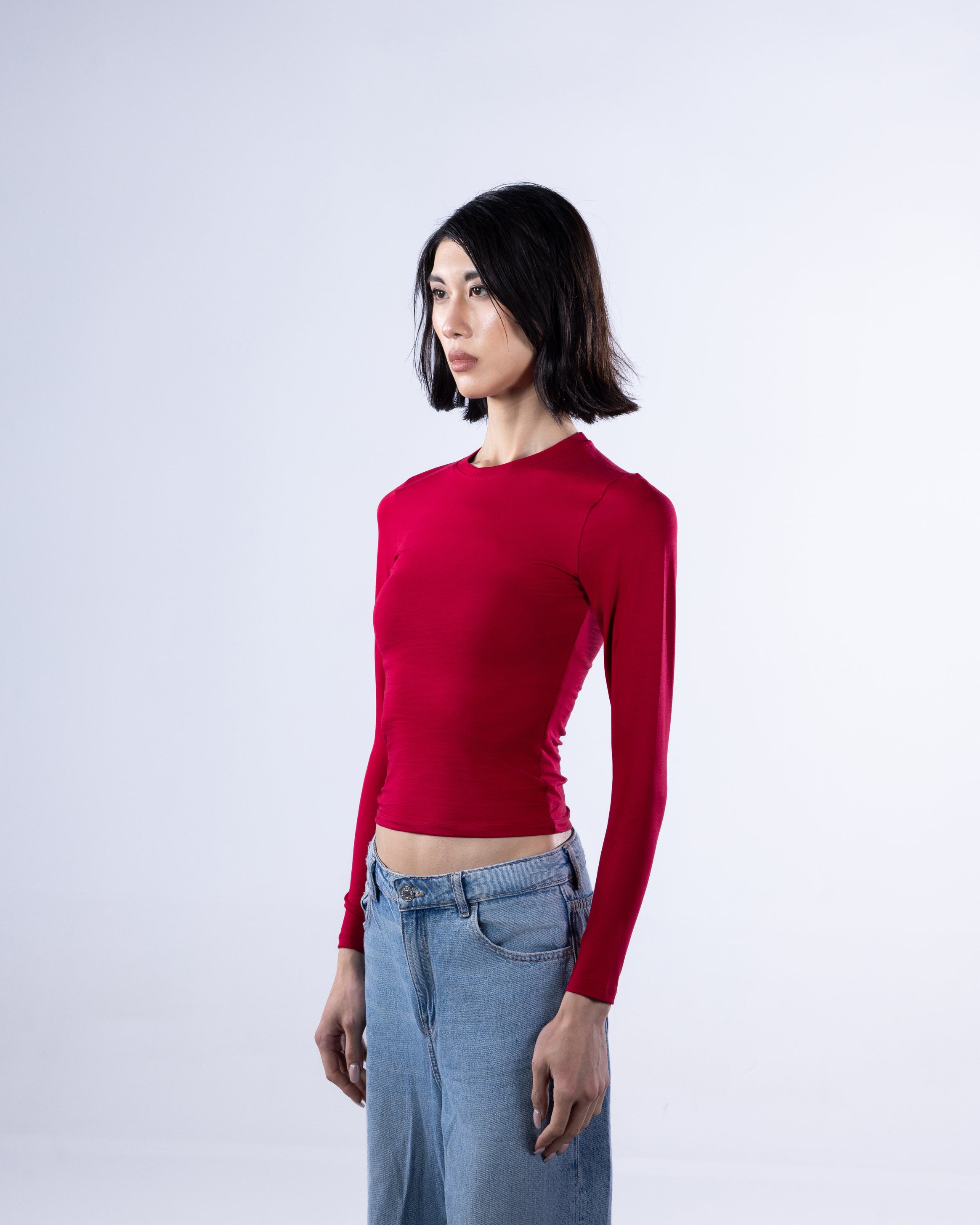 ROUND LONG SLEEVE COTTON TOP - DARK RED