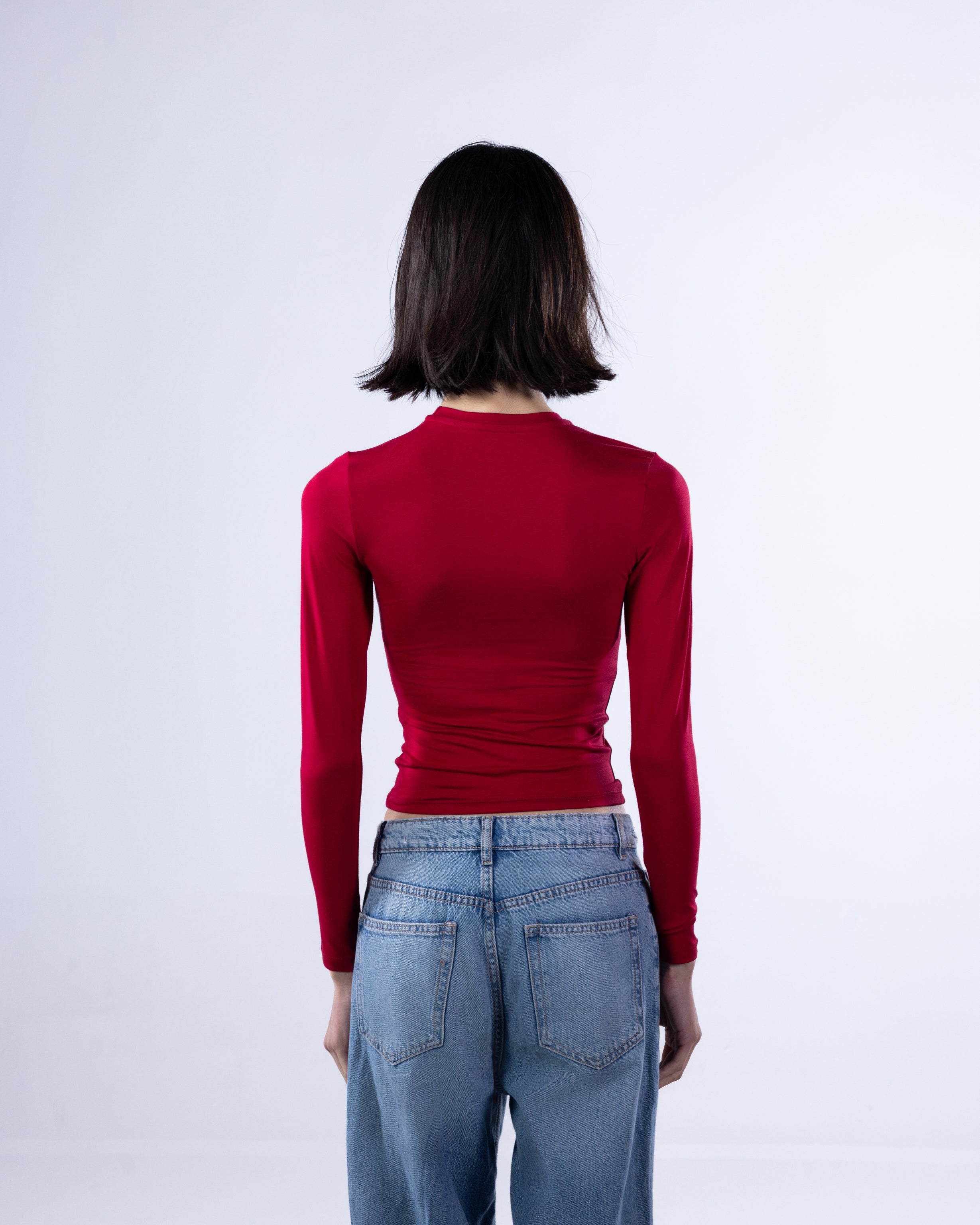 ROUND LONG SLEEVE COTTON TOP - DARK RED