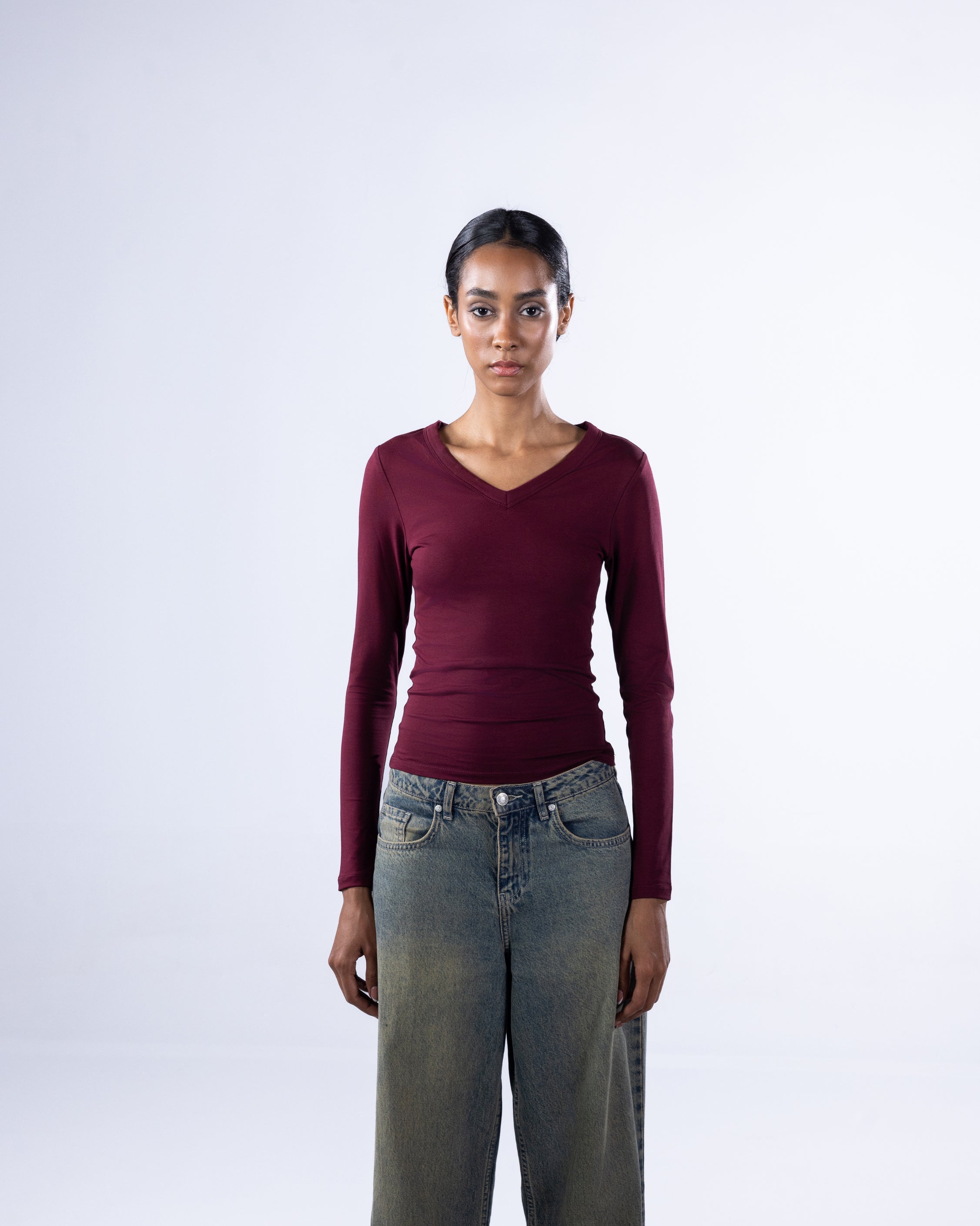 V-NECK LONG SLEEVE COTTON TOP - BURGUNDY