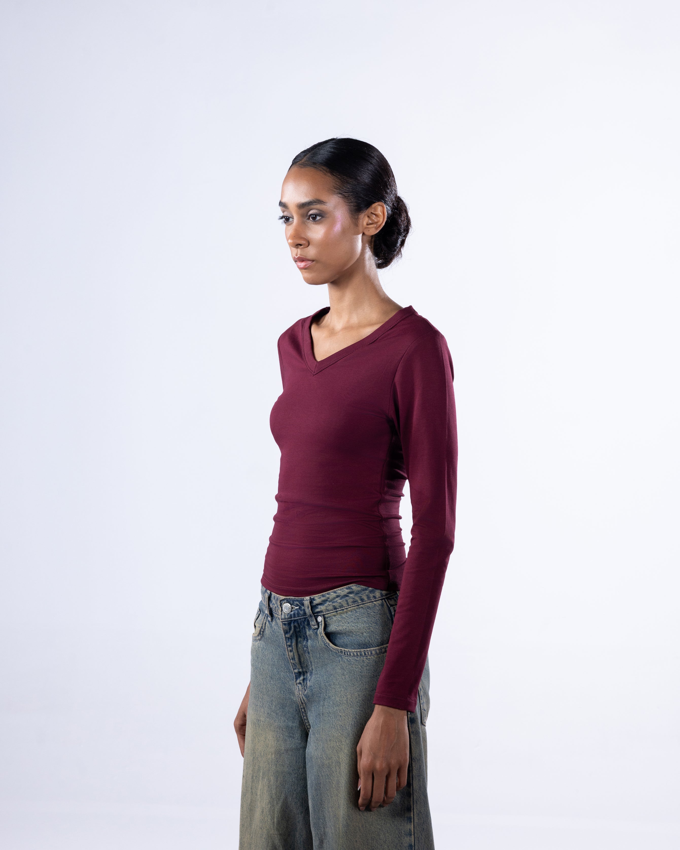 V-NECK LONG SLEEVE COTTON TOP - BURGUNDY