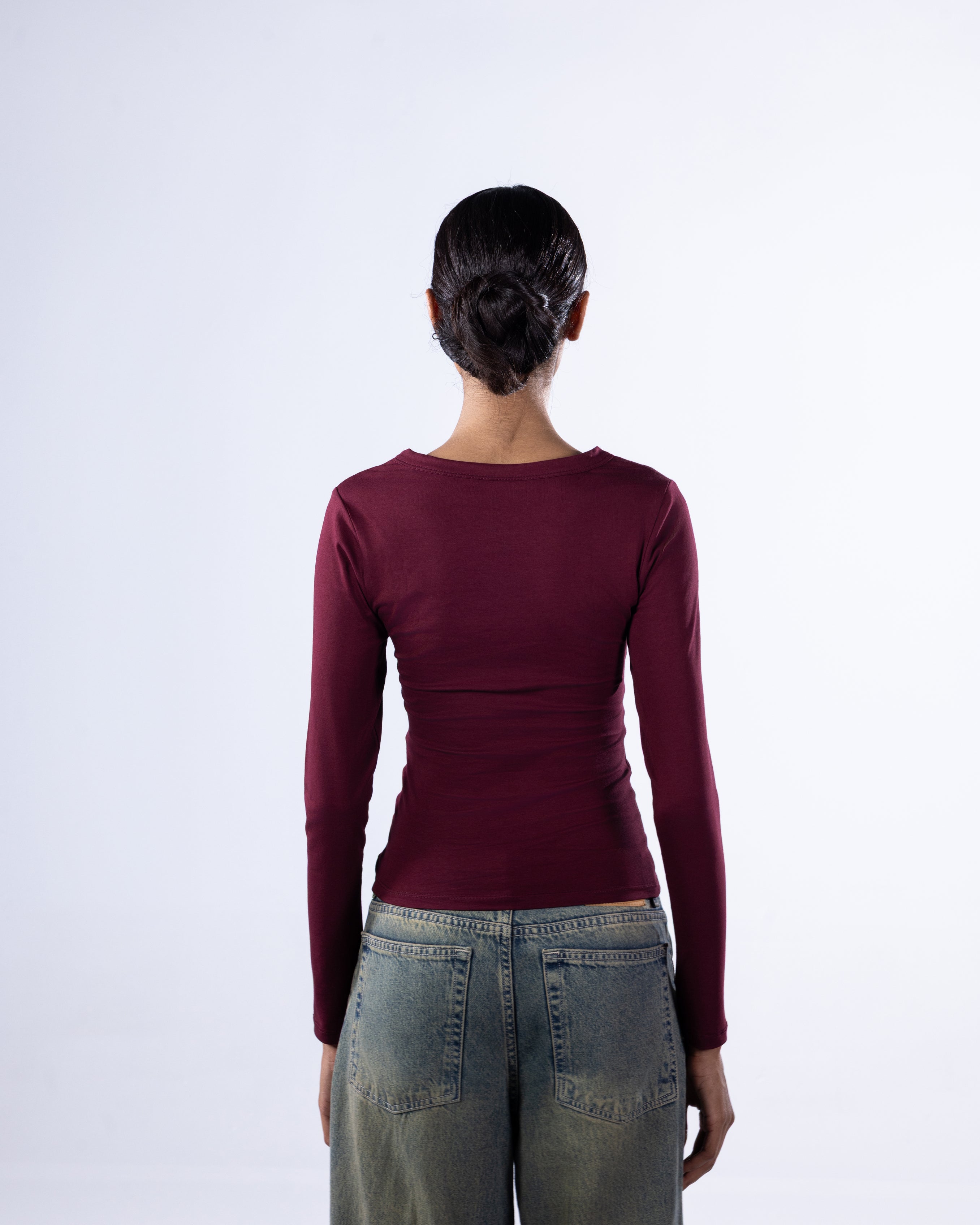 V-NECK LONG SLEEVE COTTON TOP - BURGUNDY