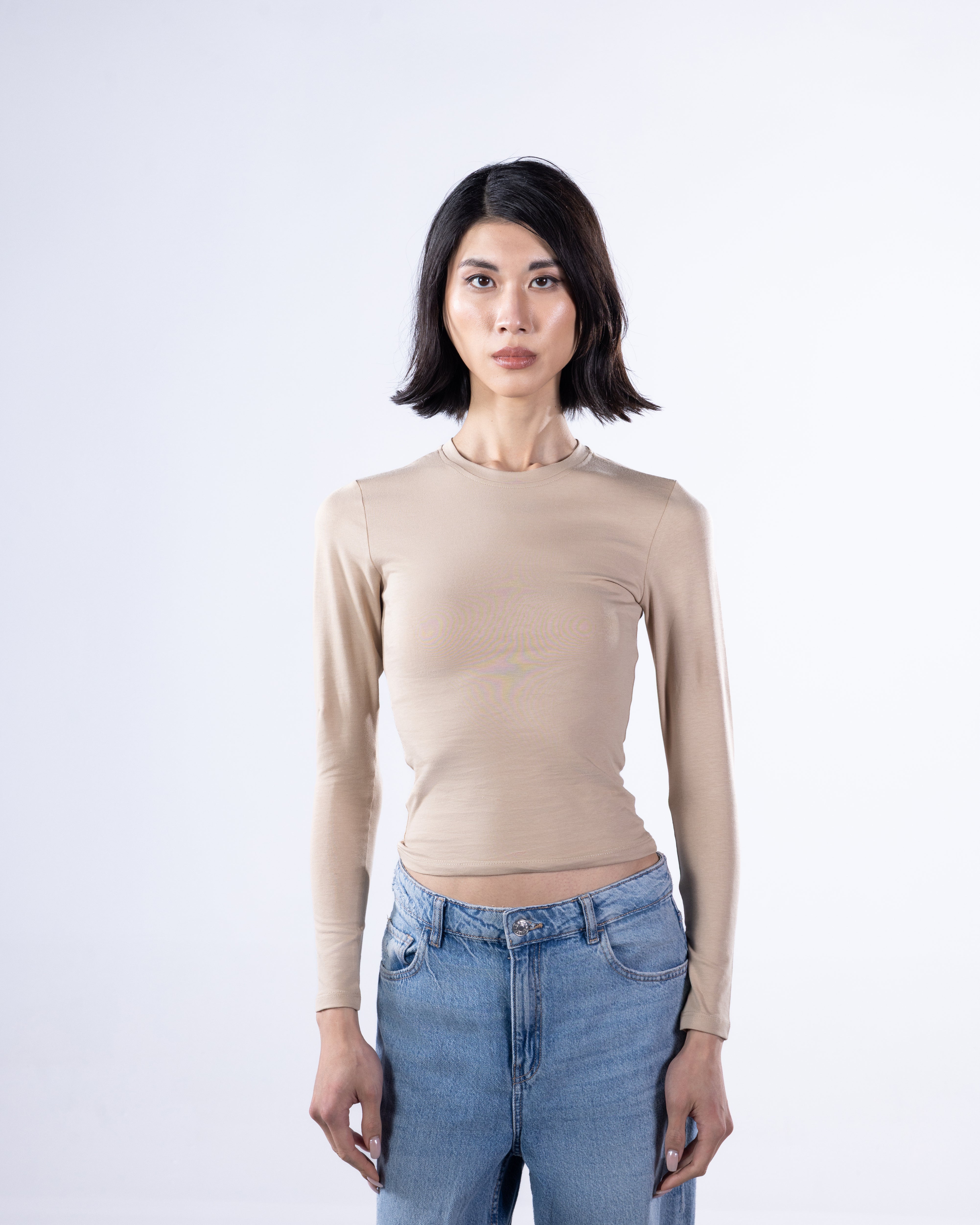 ROUND LONG SLEEVE COTTON TOP - BEIGE
