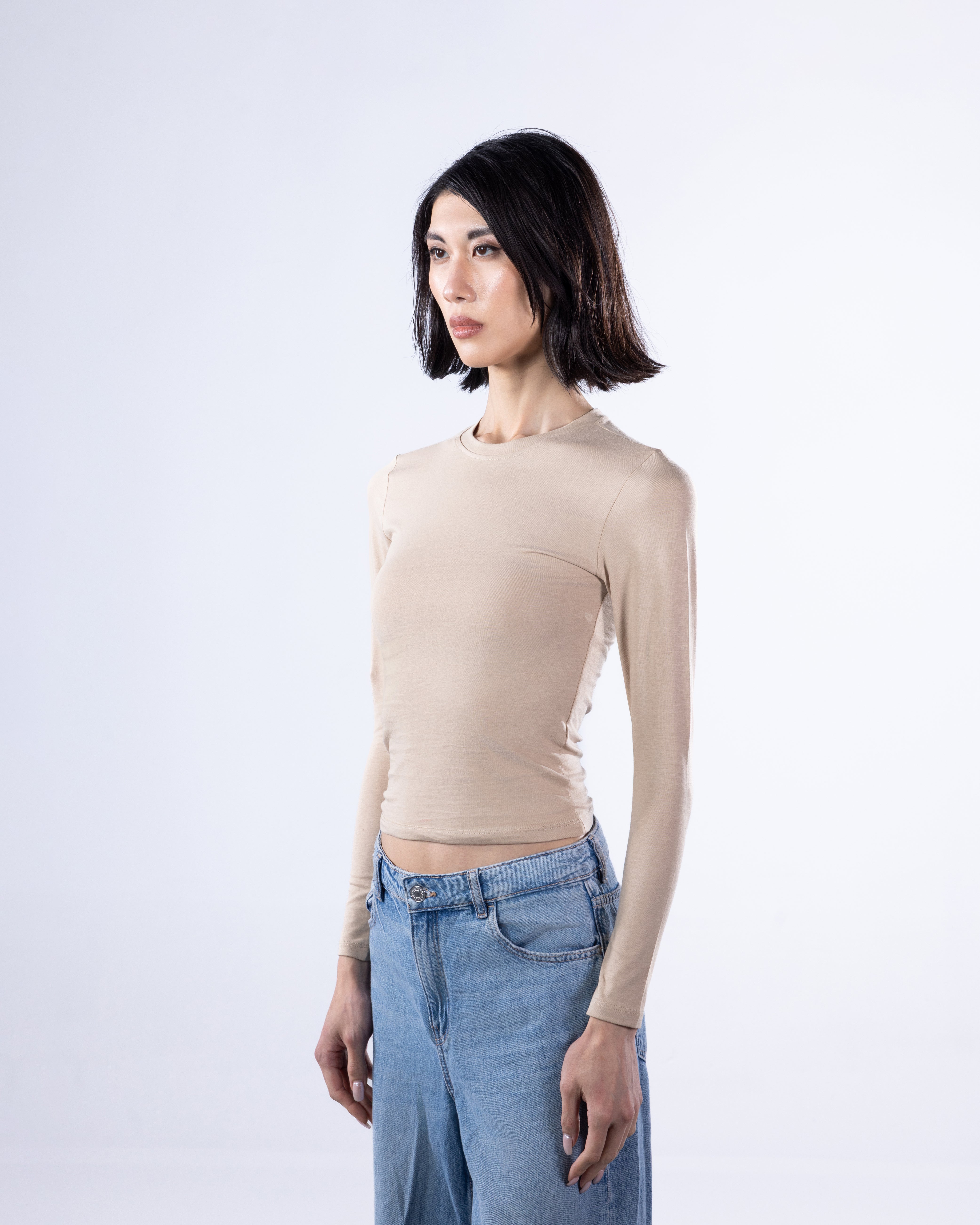 ROUND LONG SLEEVE COTTON TOP - BEIGE