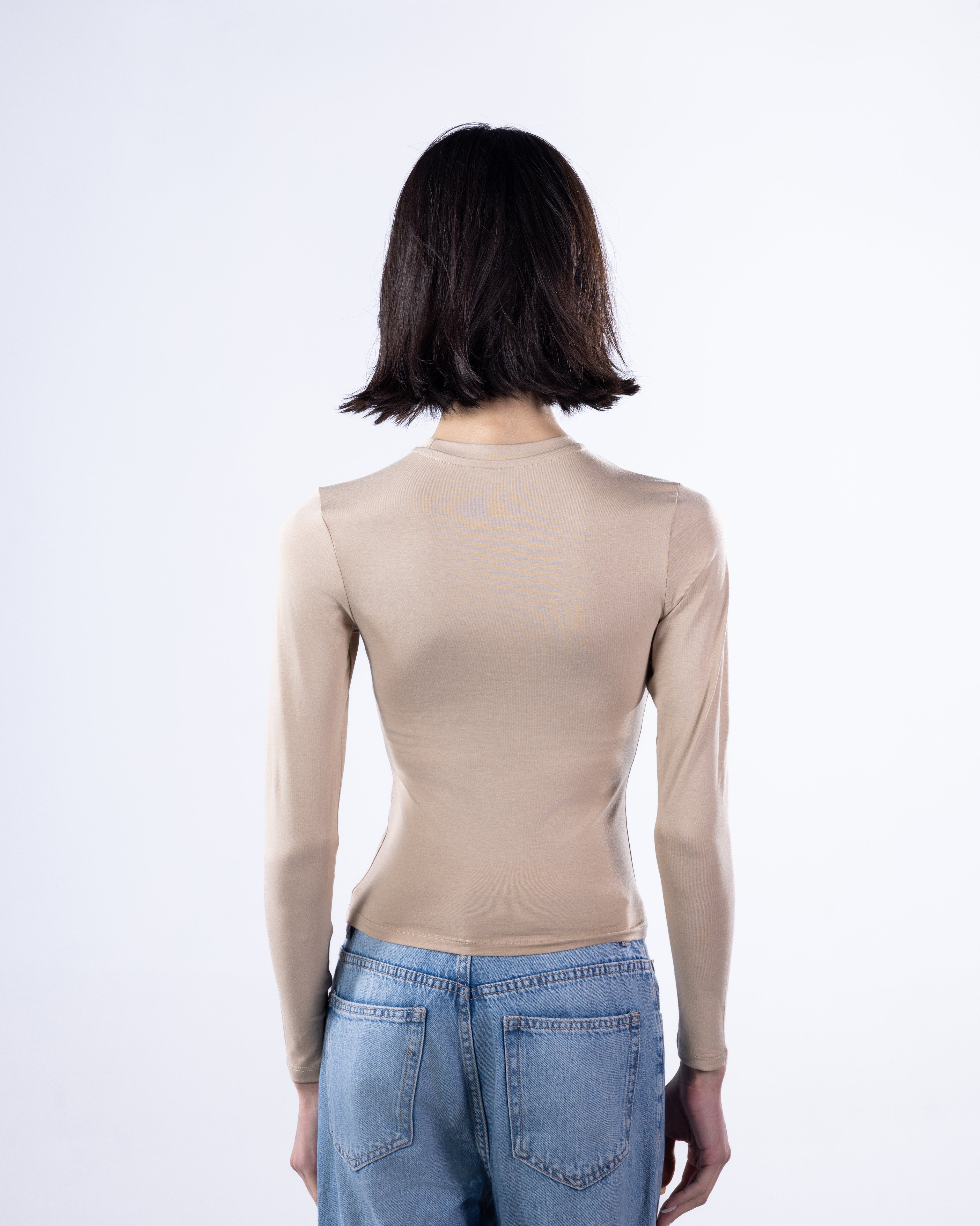 ROUND LONG SLEEVE COTTON TOP - BEIGE