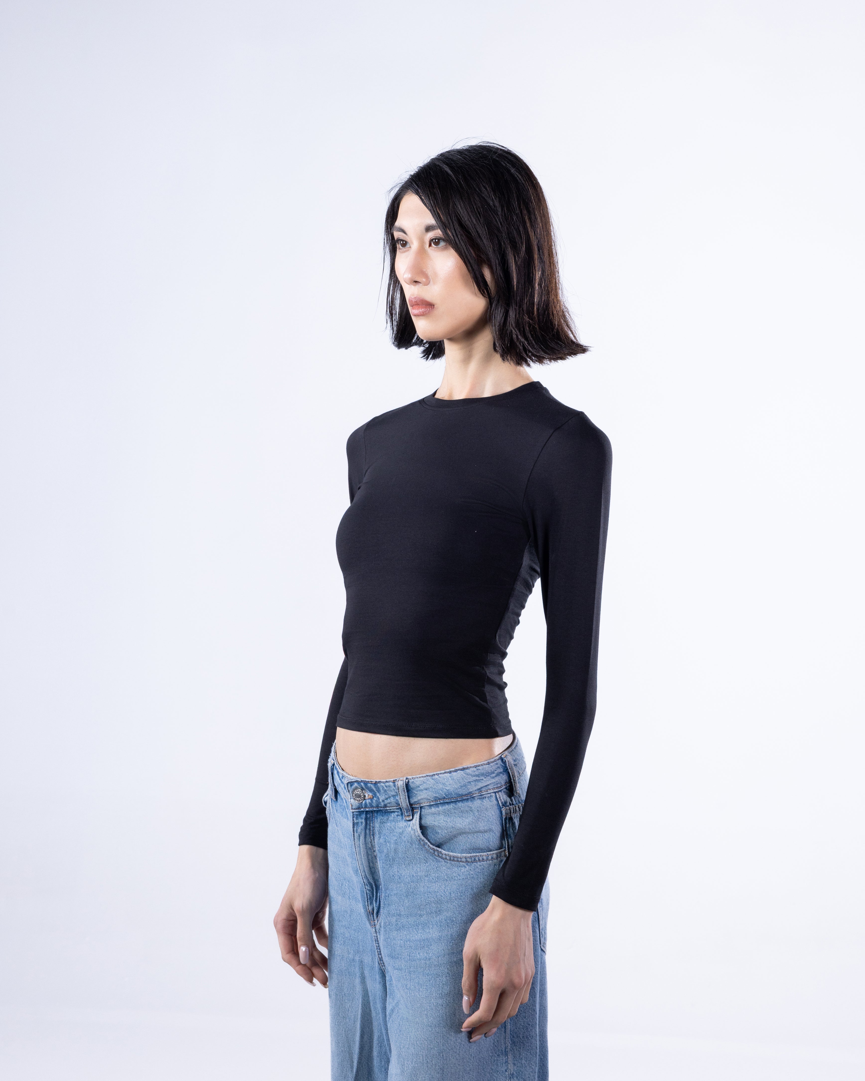 ROUND LONG SLEEVE COTTON TOP - BLACK