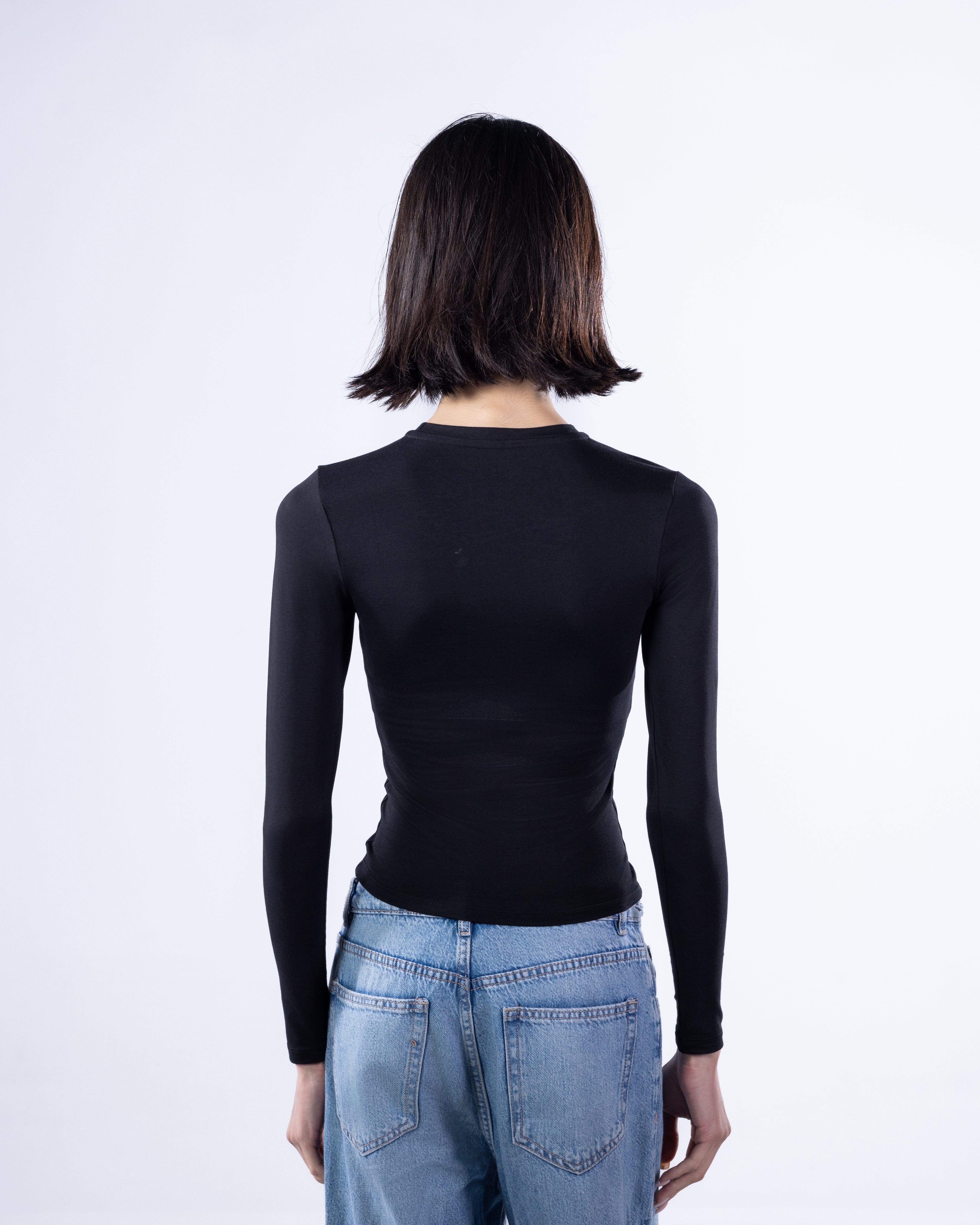 ROUND LONG SLEEVE COTTON TOP - BLACK