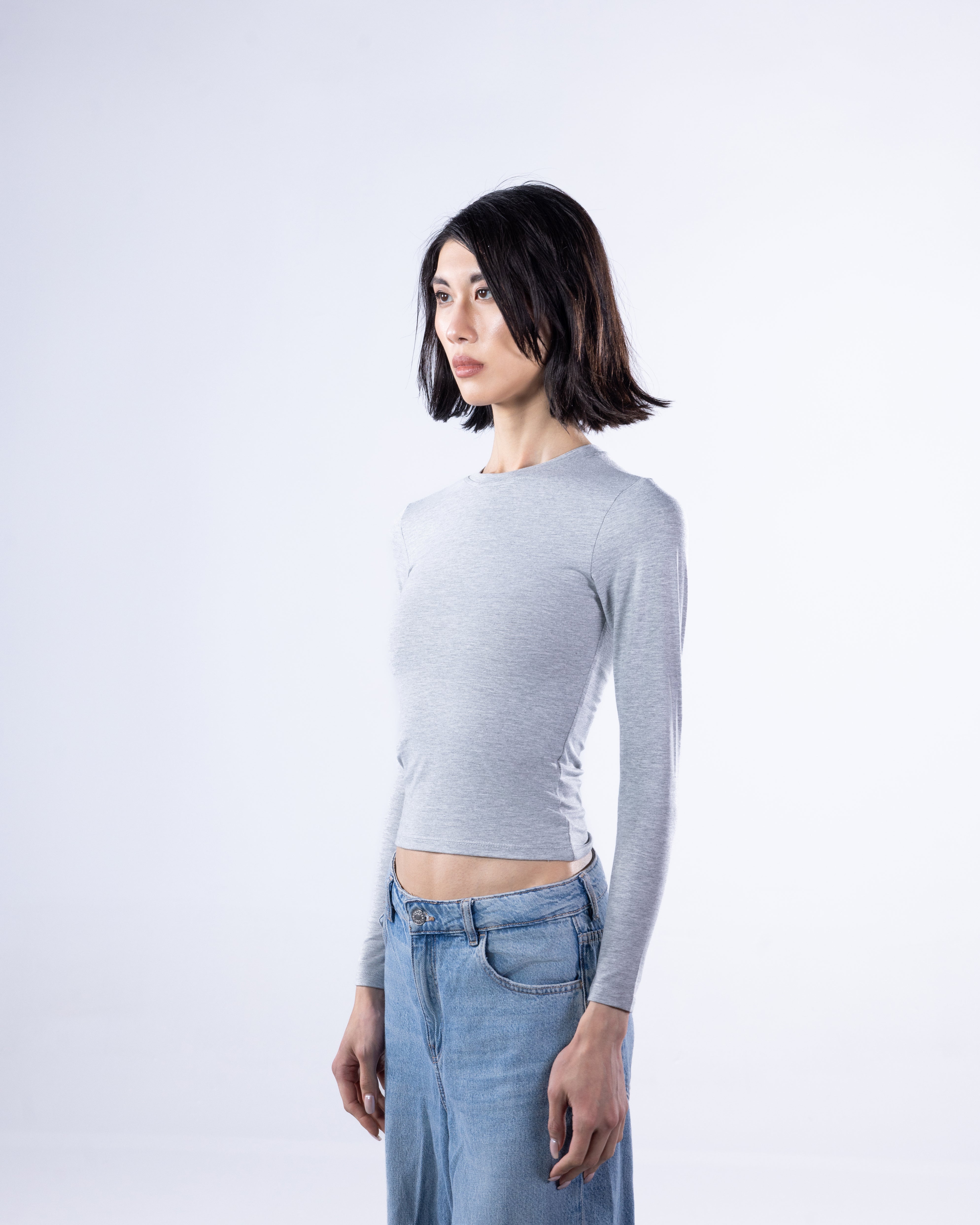 ROUND LONG SLEEVE COTTON TOP - LIGHT GREY