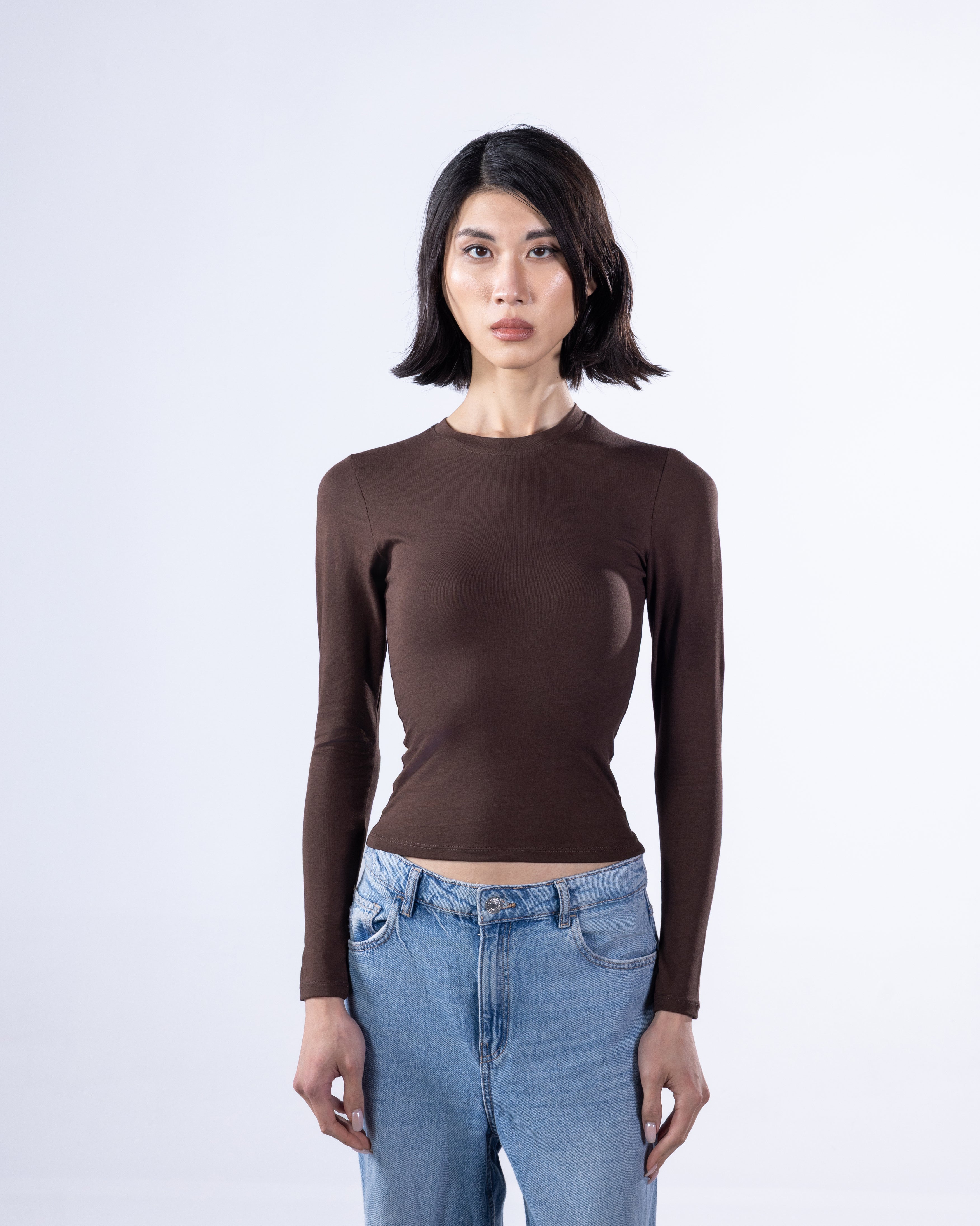 ROUND LONG SLEEVE COTTON TOP - BROWN