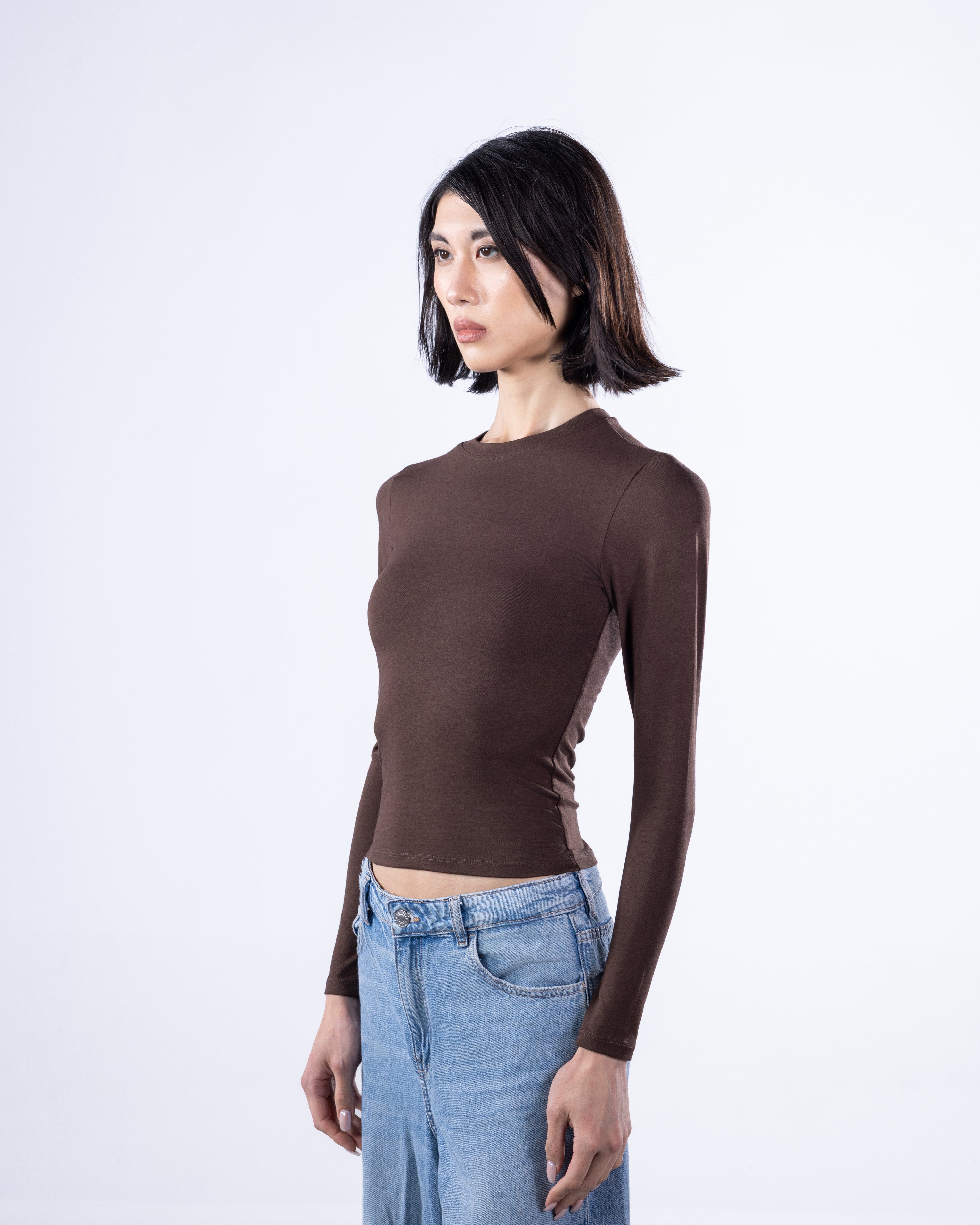 ROUND LONG SLEEVE COTTON TOP - BROWN