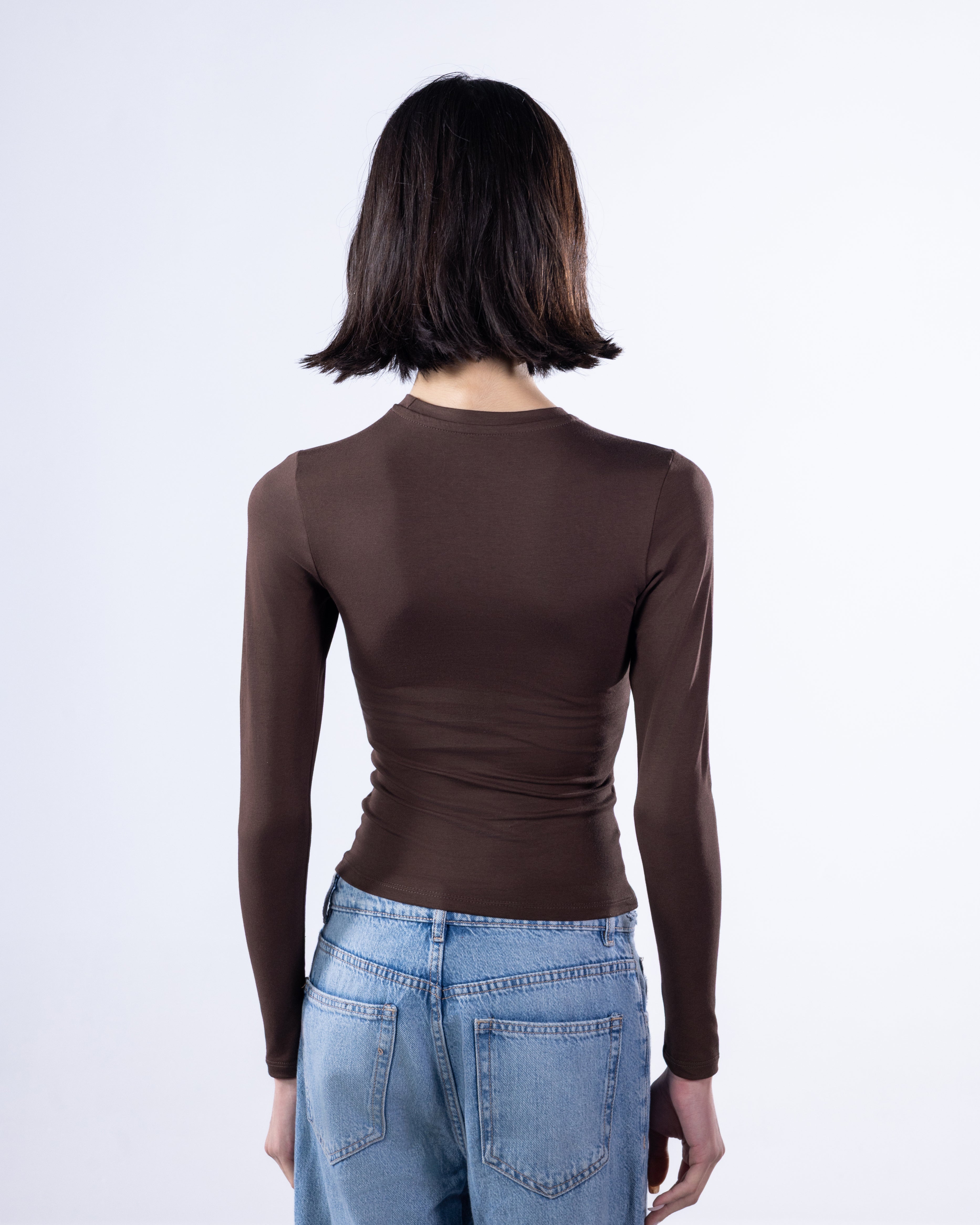 ROUND LONG SLEEVE COTTON TOP - BROWN