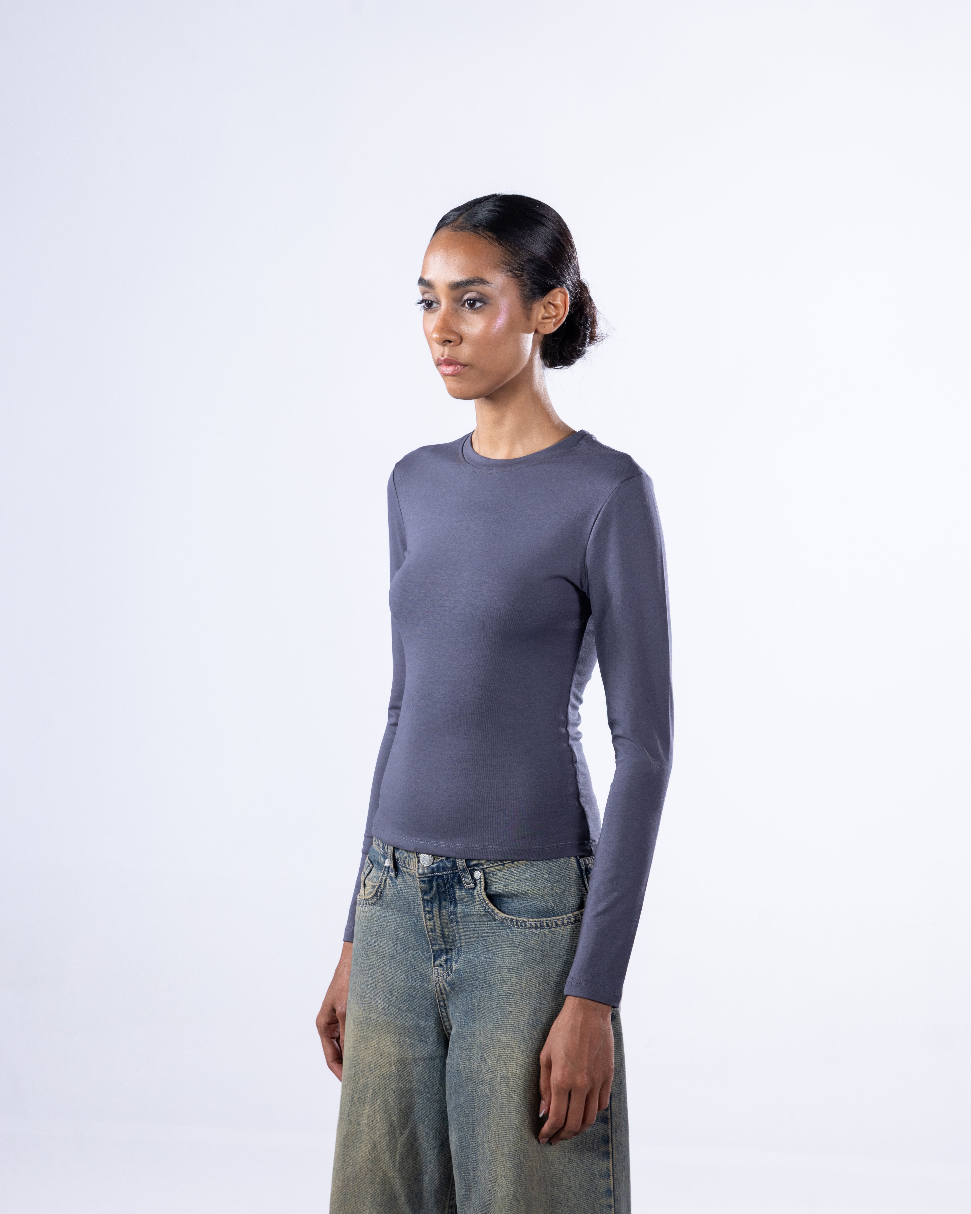 ROUND LONG SLEEVE COTTON TOP - GREY