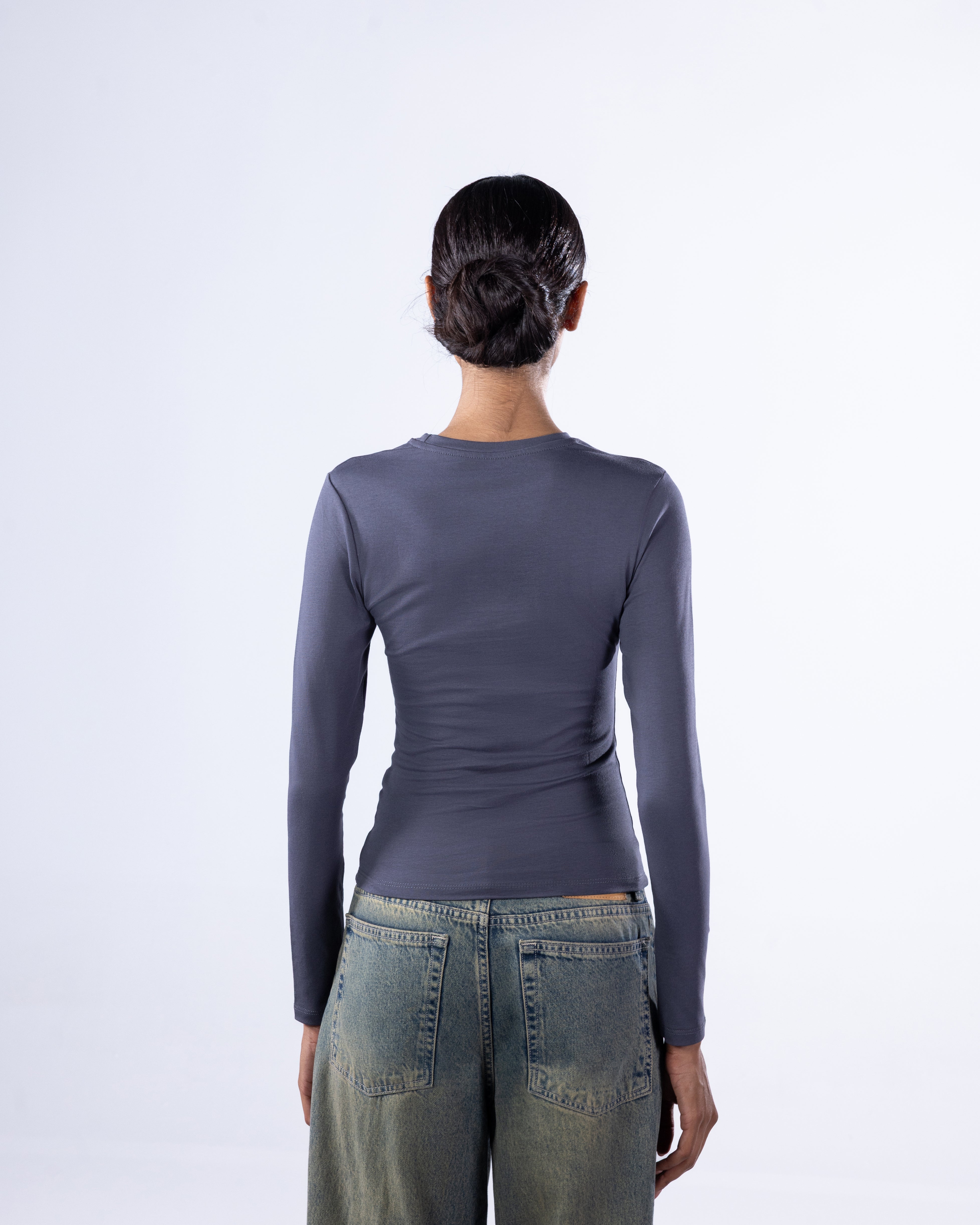 ROUND LONG SLEEVE COTTON TOP - GREY