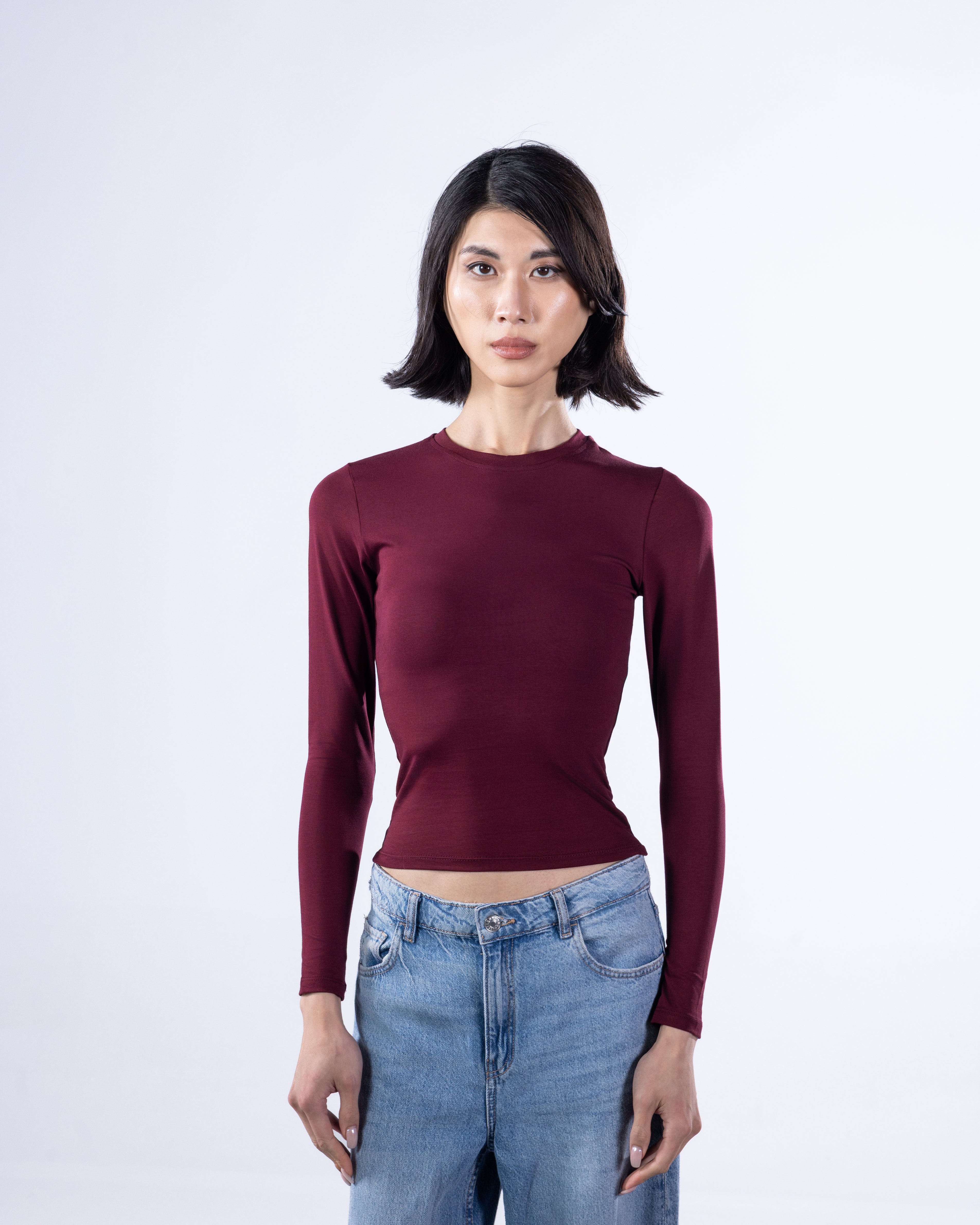 ROUND LONG SLEEVE COTTON TOP - BURGUNDY
