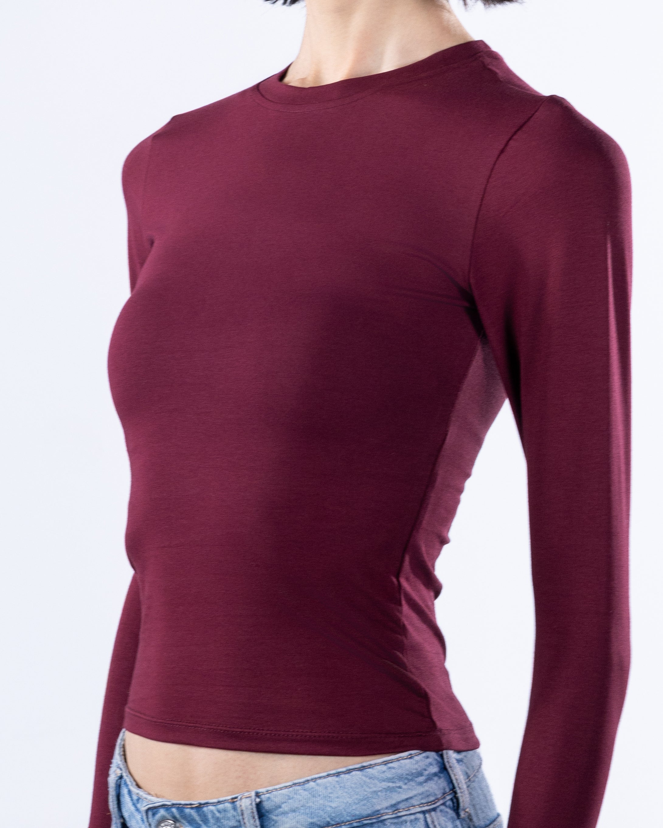 ROUND LONG SLEEVE COTTON TOP - BURGUNDY