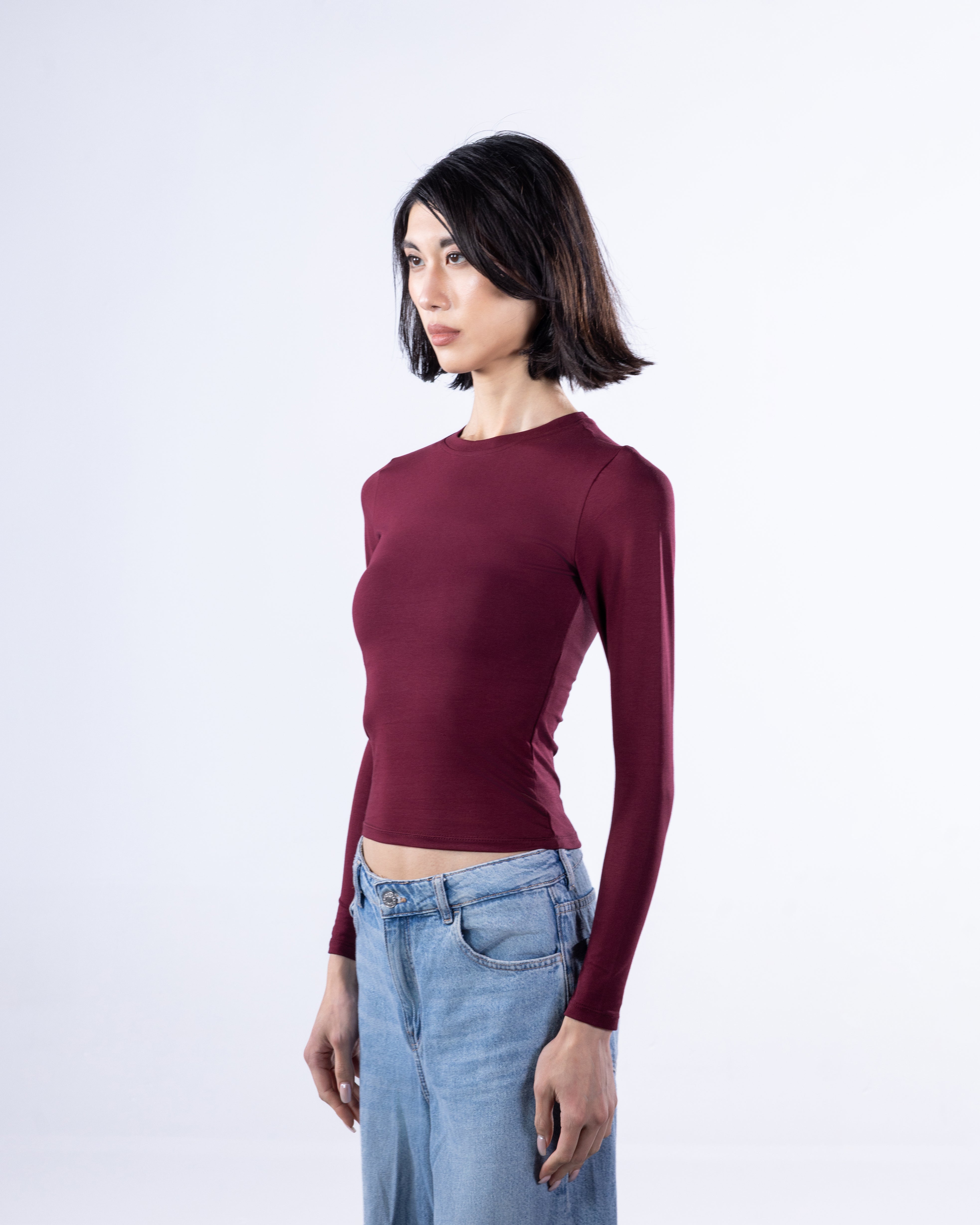 ROUND LONG SLEEVE COTTON TOP - BURGUNDY