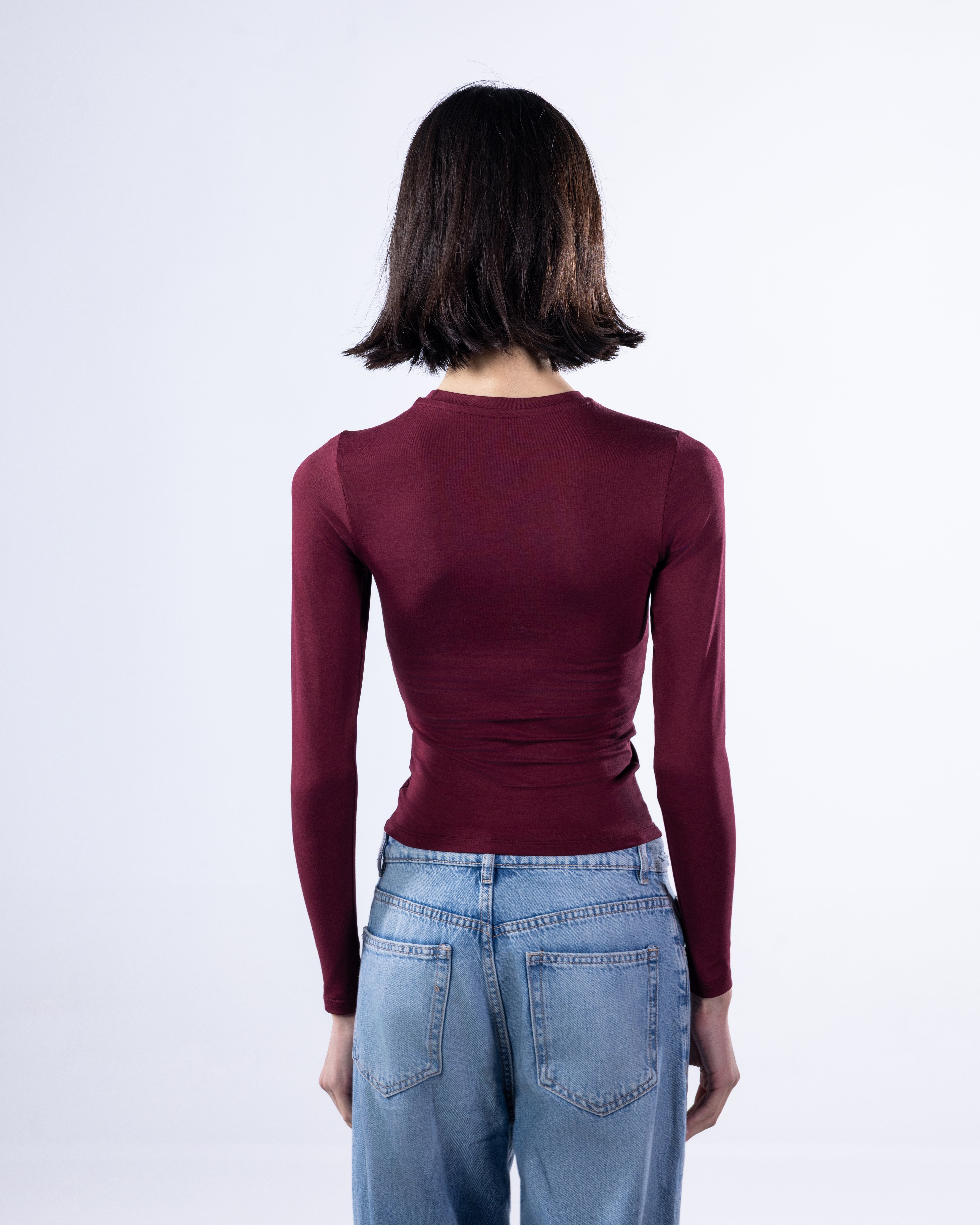 ROUND LONG SLEEVE COTTON TOP - BURGUNDY