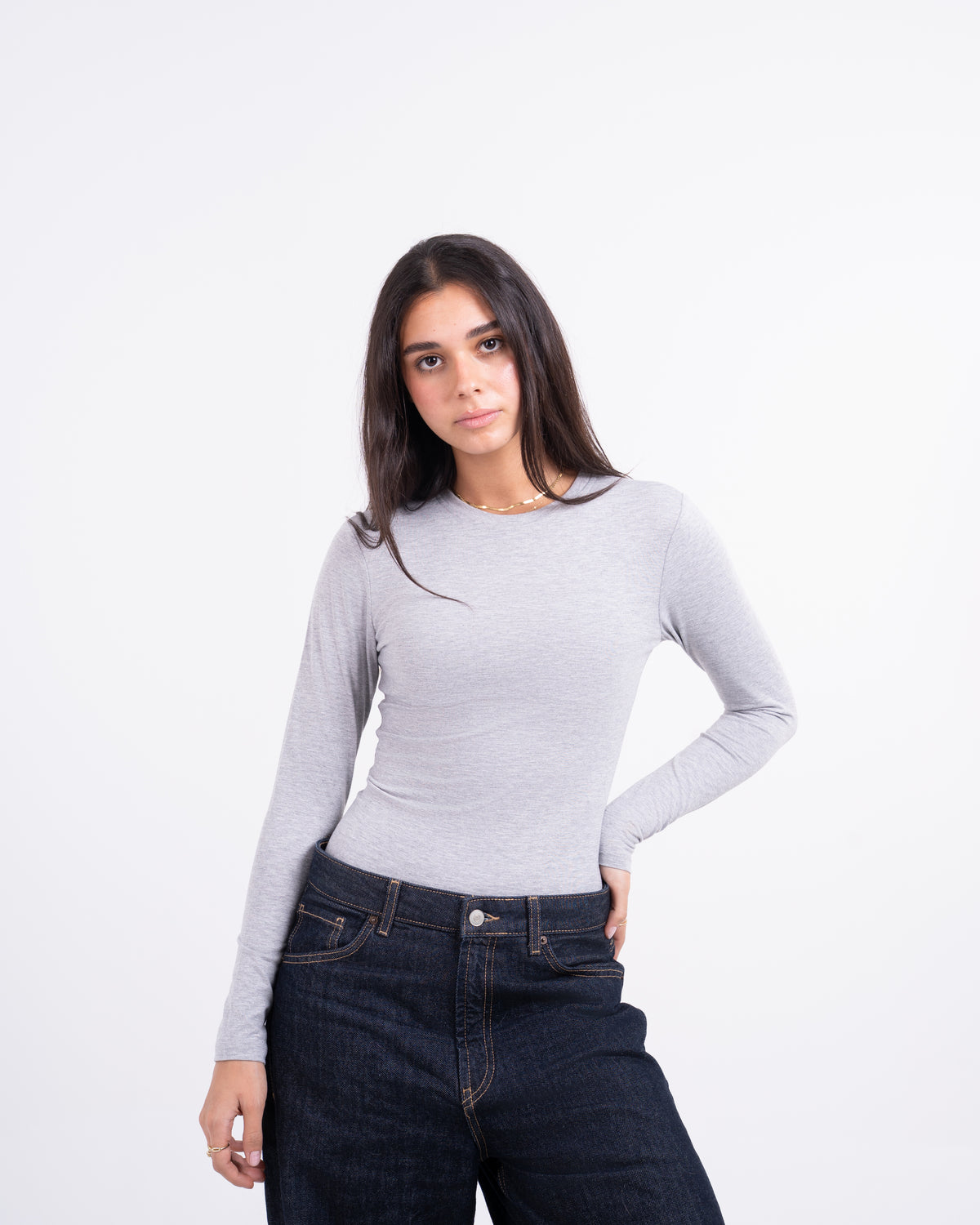 ROUND LONG SLEEVE COTTON TOP - LIGHT GREY