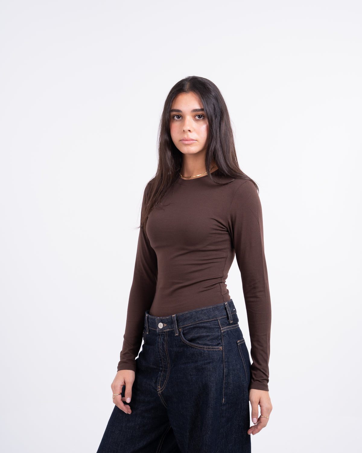 ROUND LONG SLEEVE COTTON TOP - BROWN