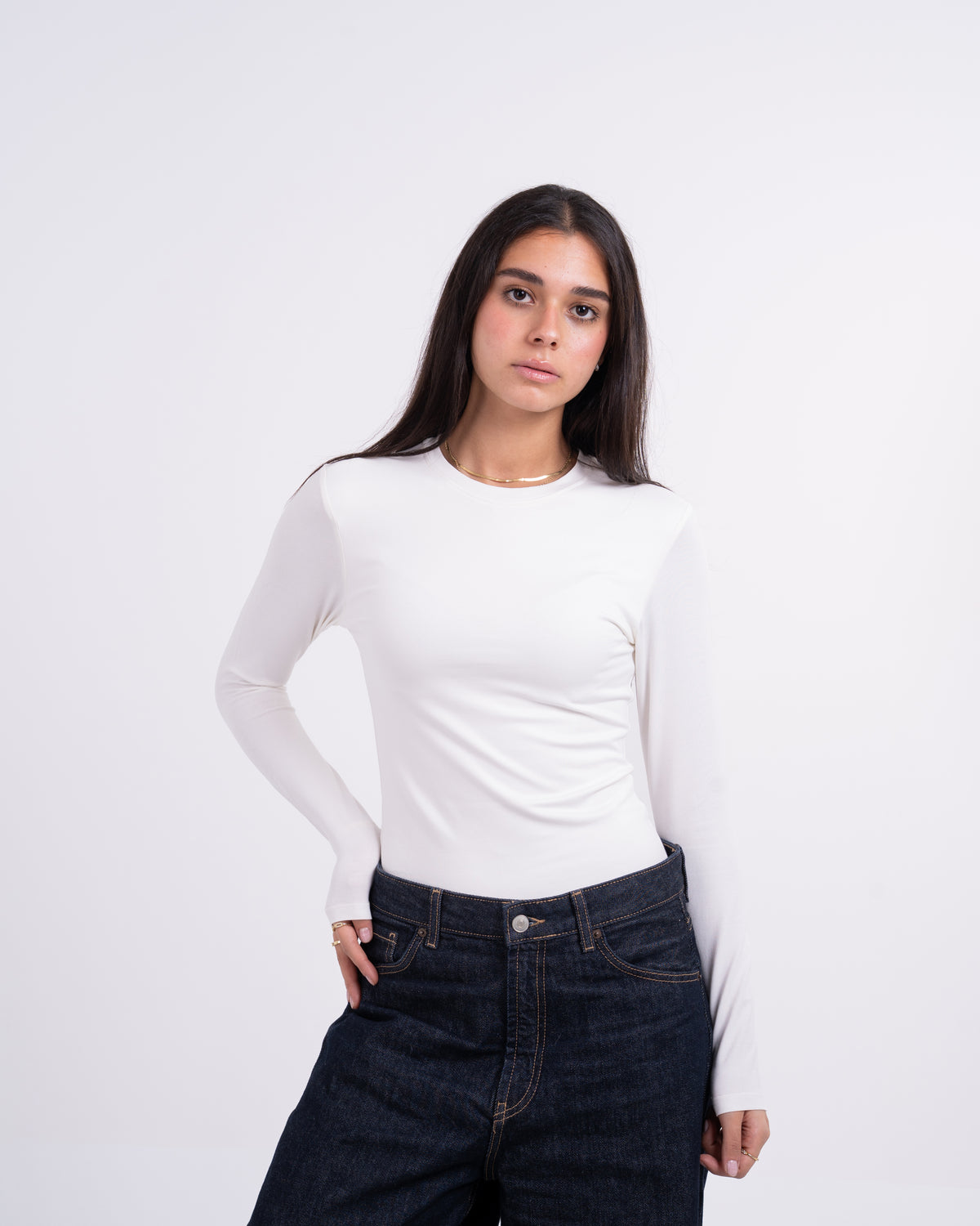 ROUND LONG SLEEVE COTTON TOP - WHITE