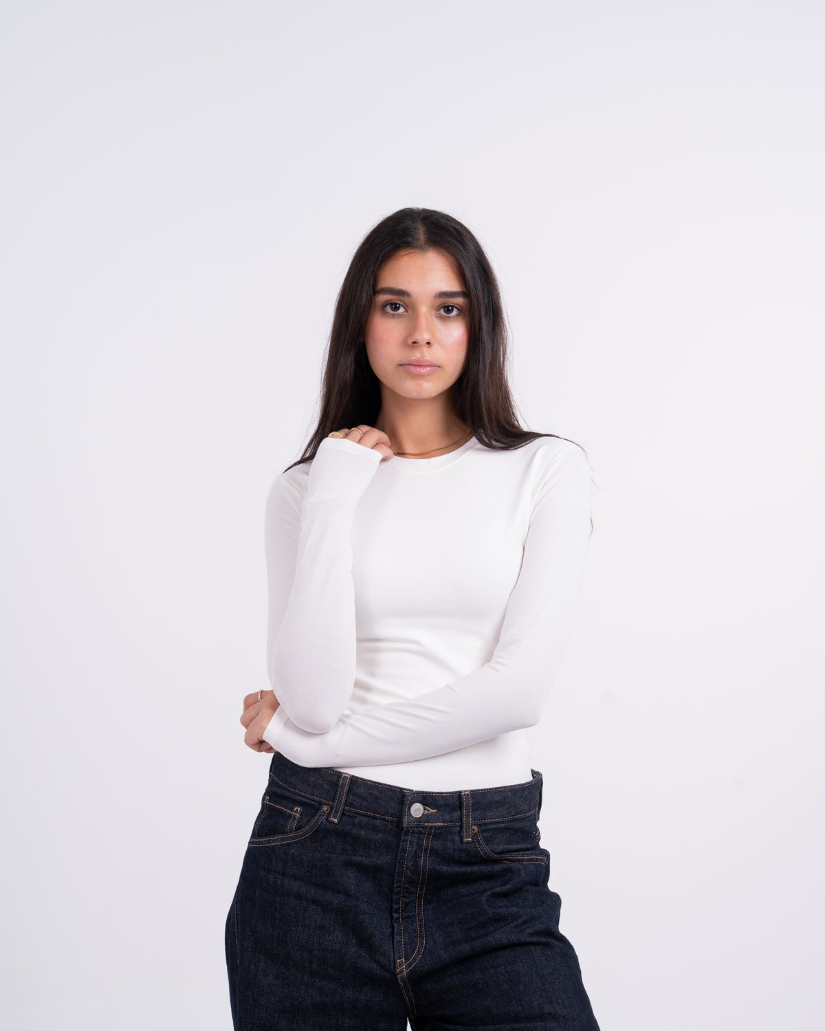 ROUND LONG SLEEVE COTTON TOP - WHITE