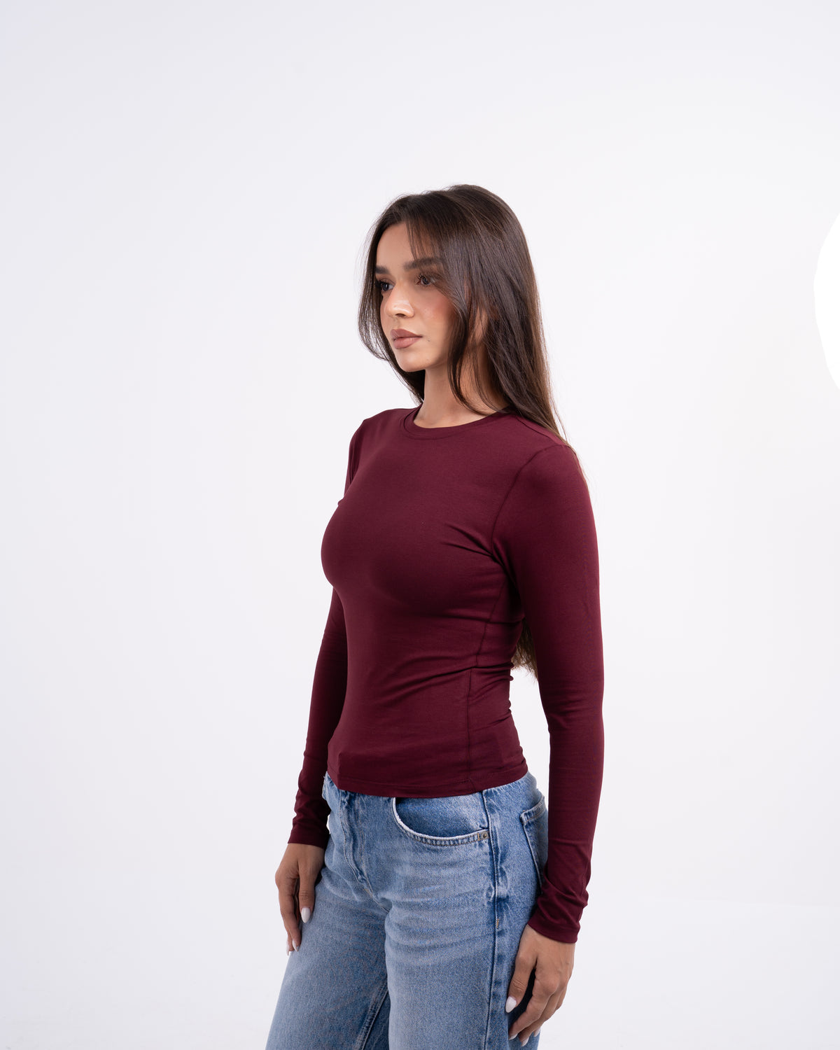 ROUND LONG SLEEVE COTTON TOP - BURGUNDY