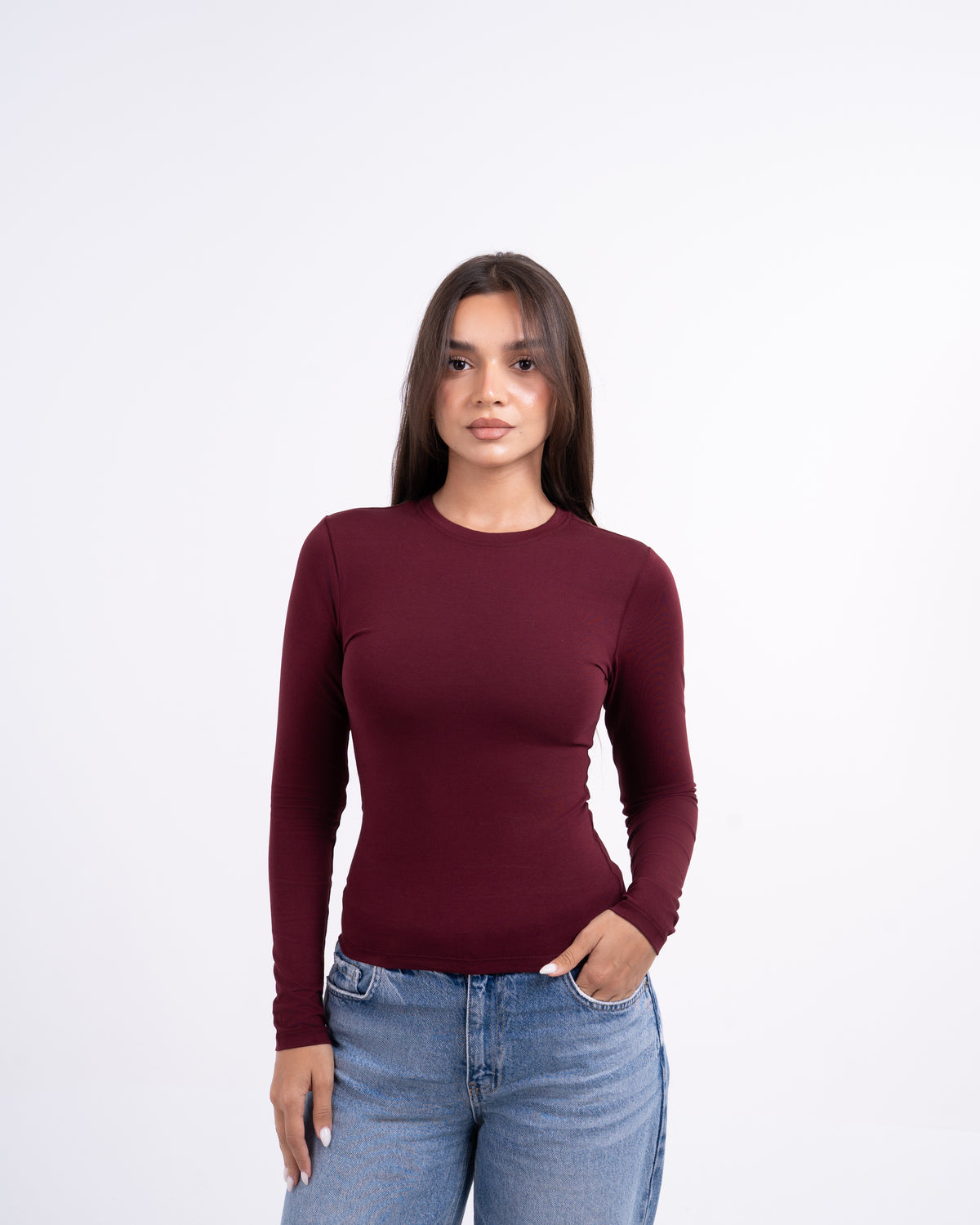 ROUND LONG SLEEVE COTTON TOP - BURGUNDY